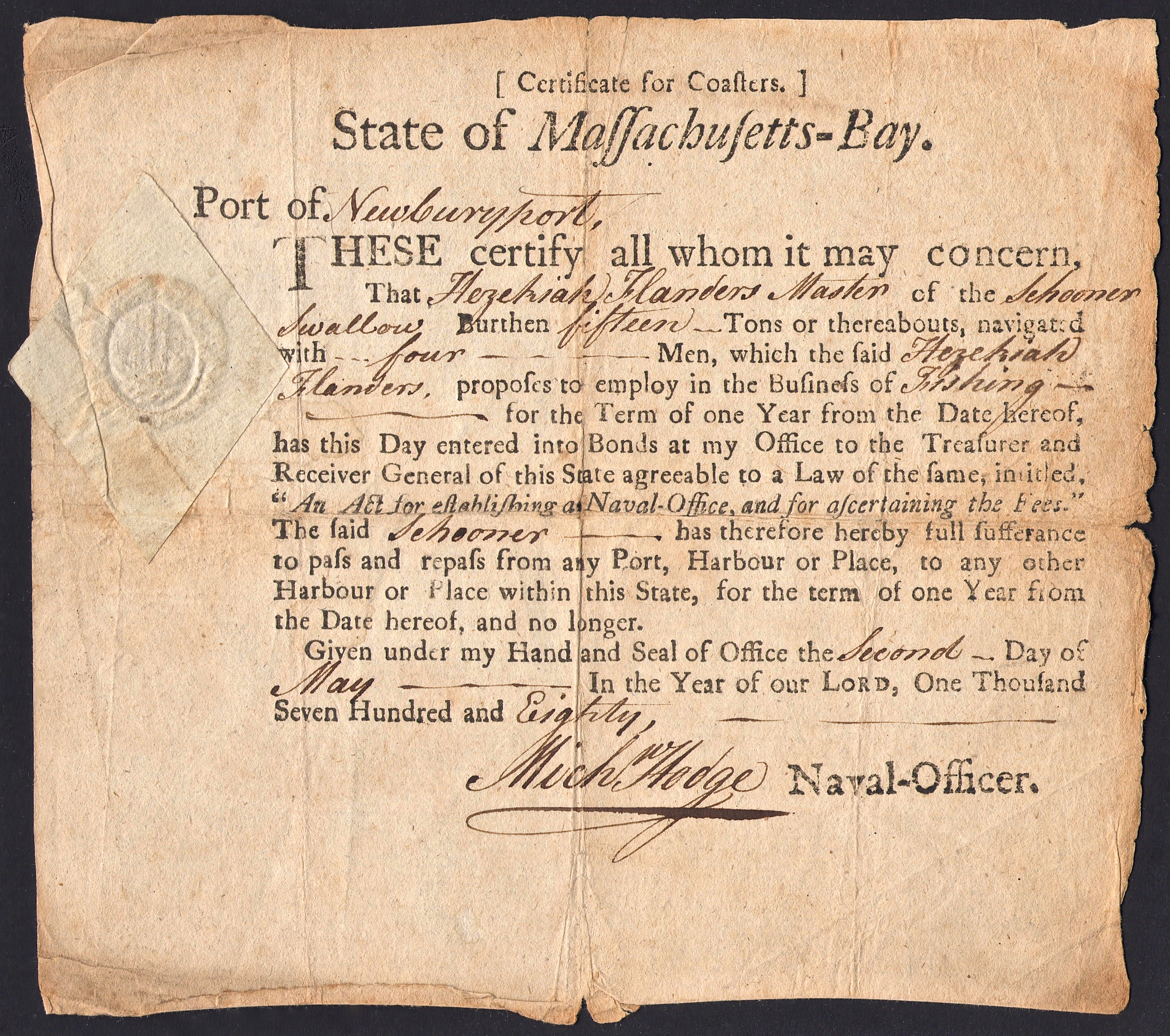 Revolutionary War Fishing License with Embossed Revenue Stamp