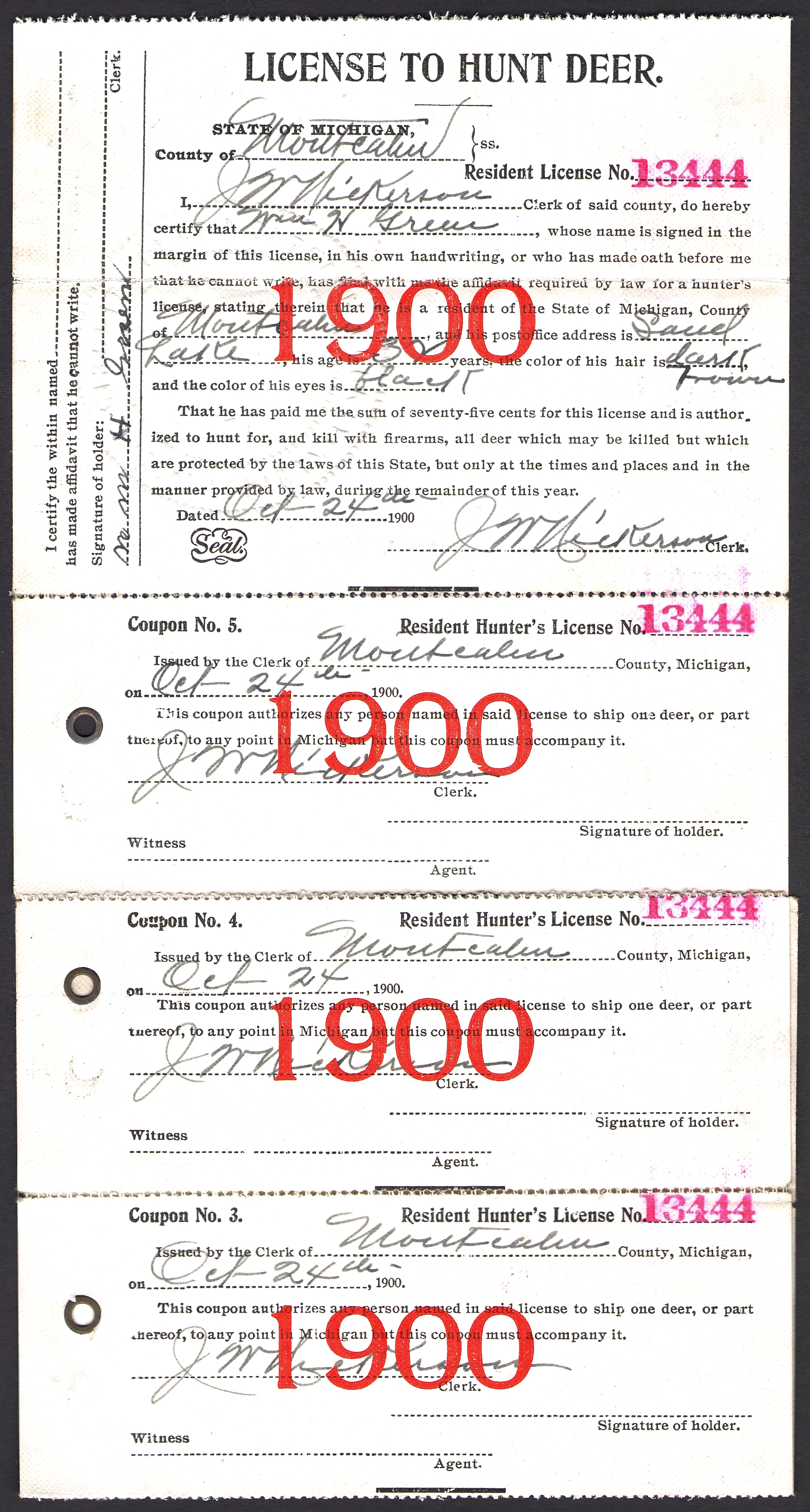 1900 Michigan License to Hunt Deer
