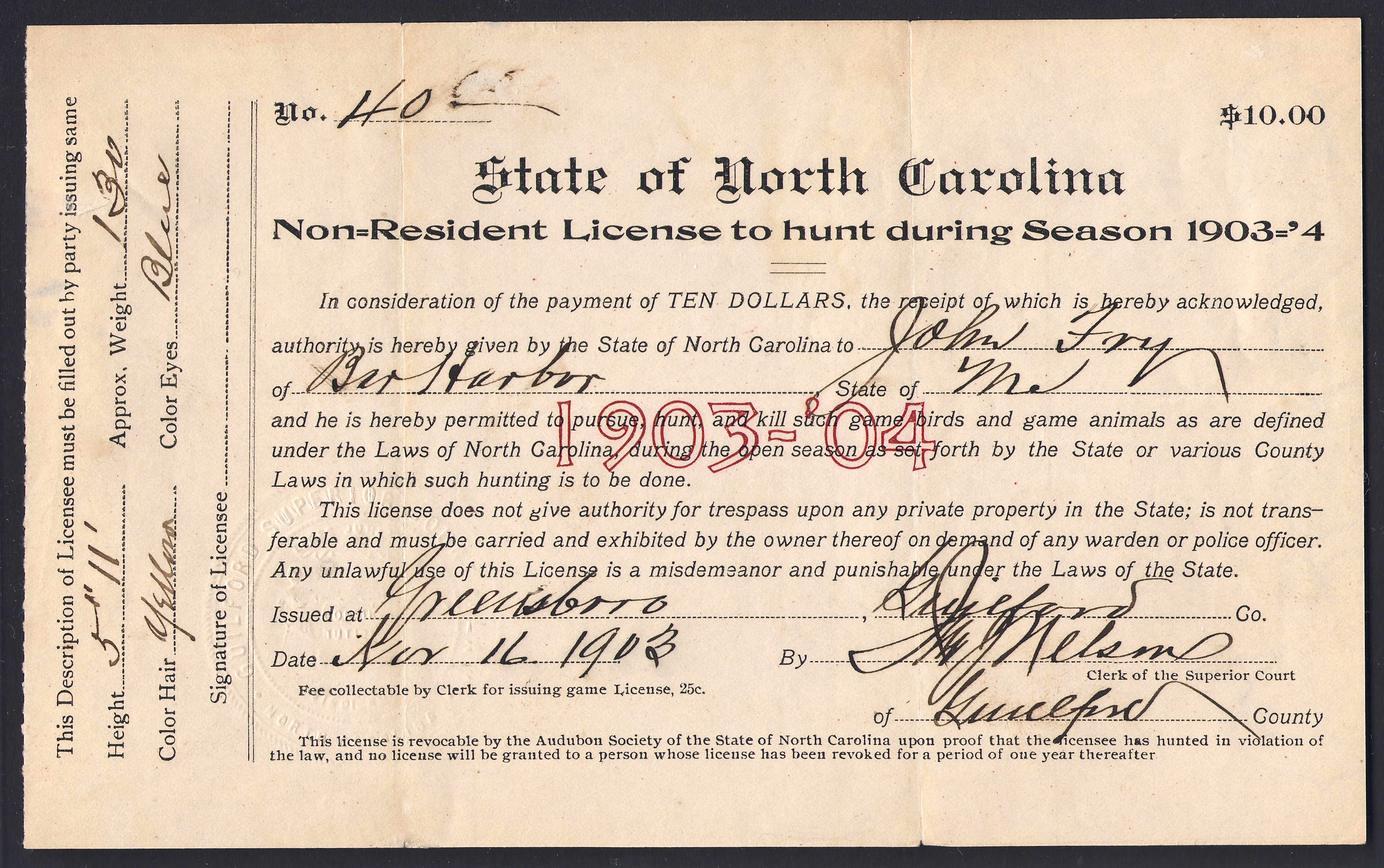 1903-04 North Carolina NR License to Hunt