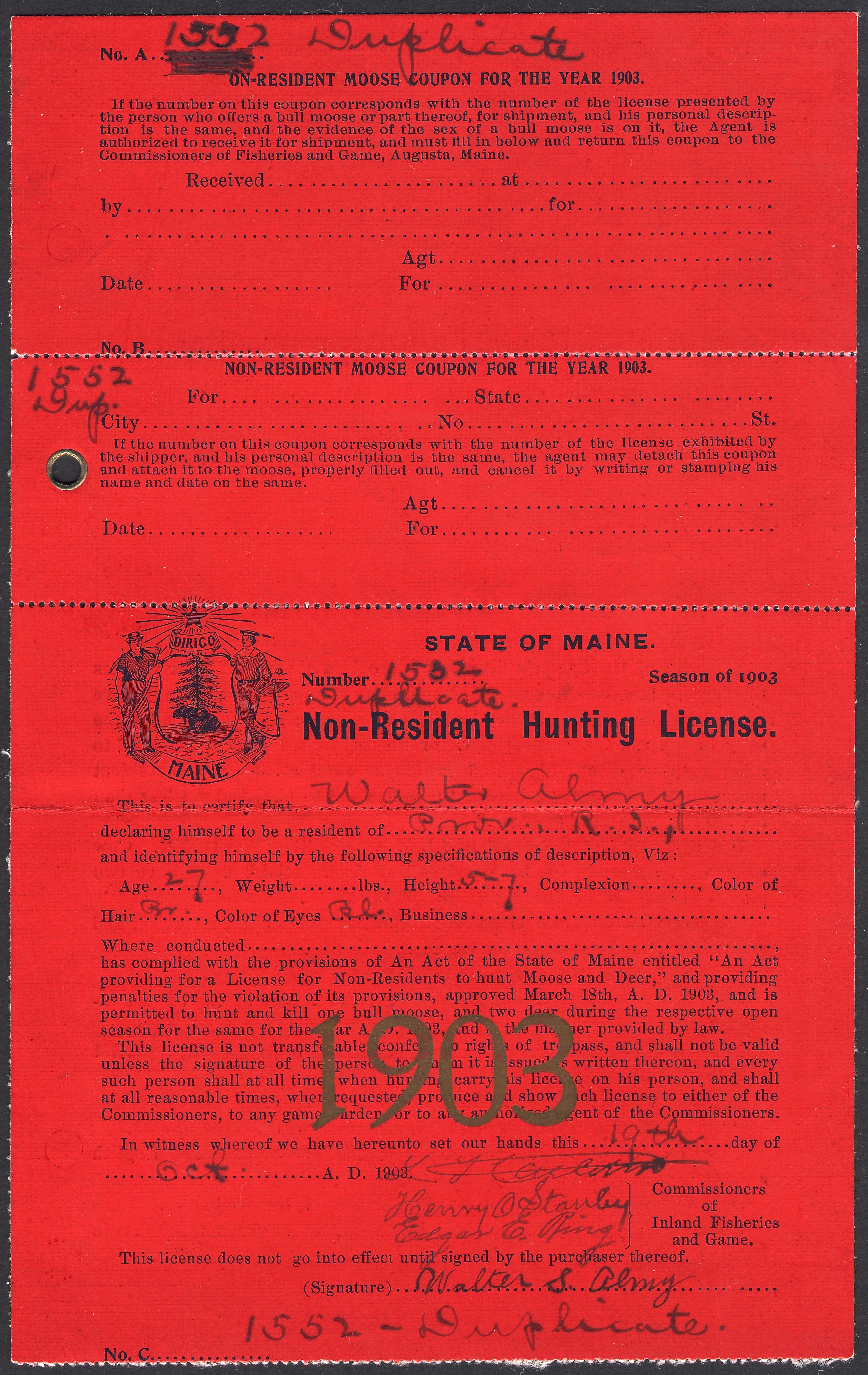 1903 Maine Duplicate NR Hunting License