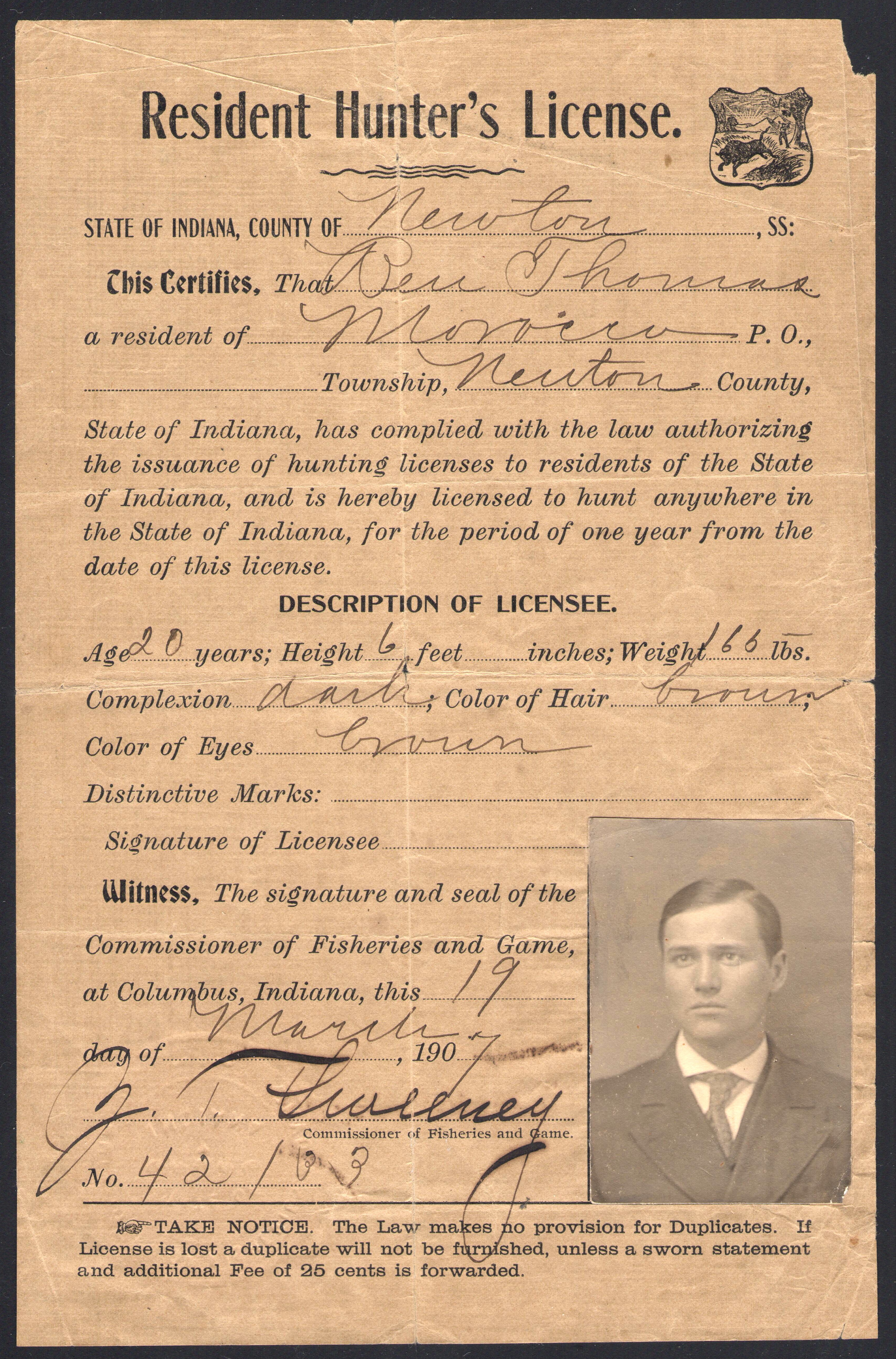 1907 Indiana Resident Hunter's License