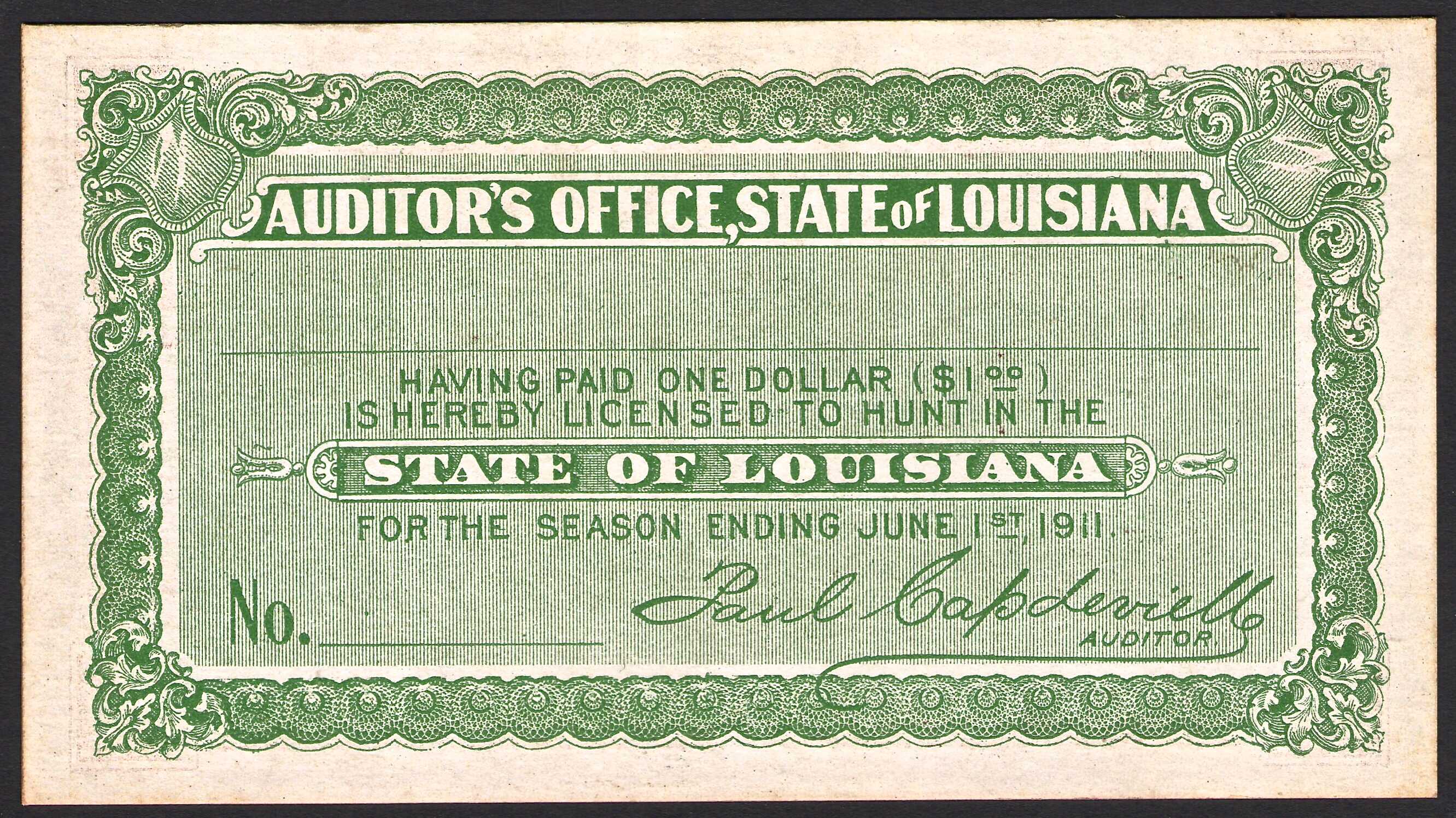 Unused 1910-11 Louisiana License to Hunt
