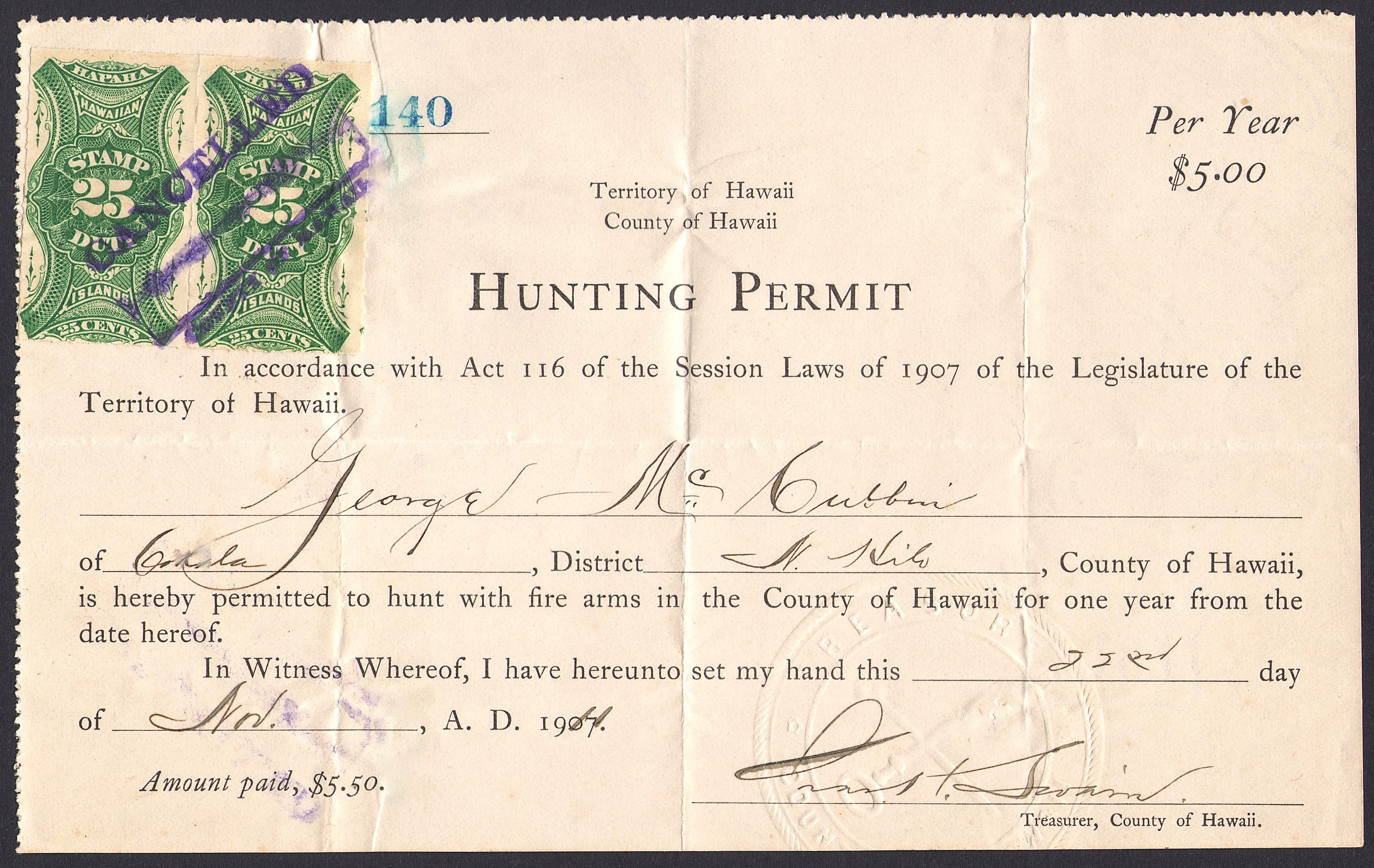 1911 County of Hawaii Hunting Permit