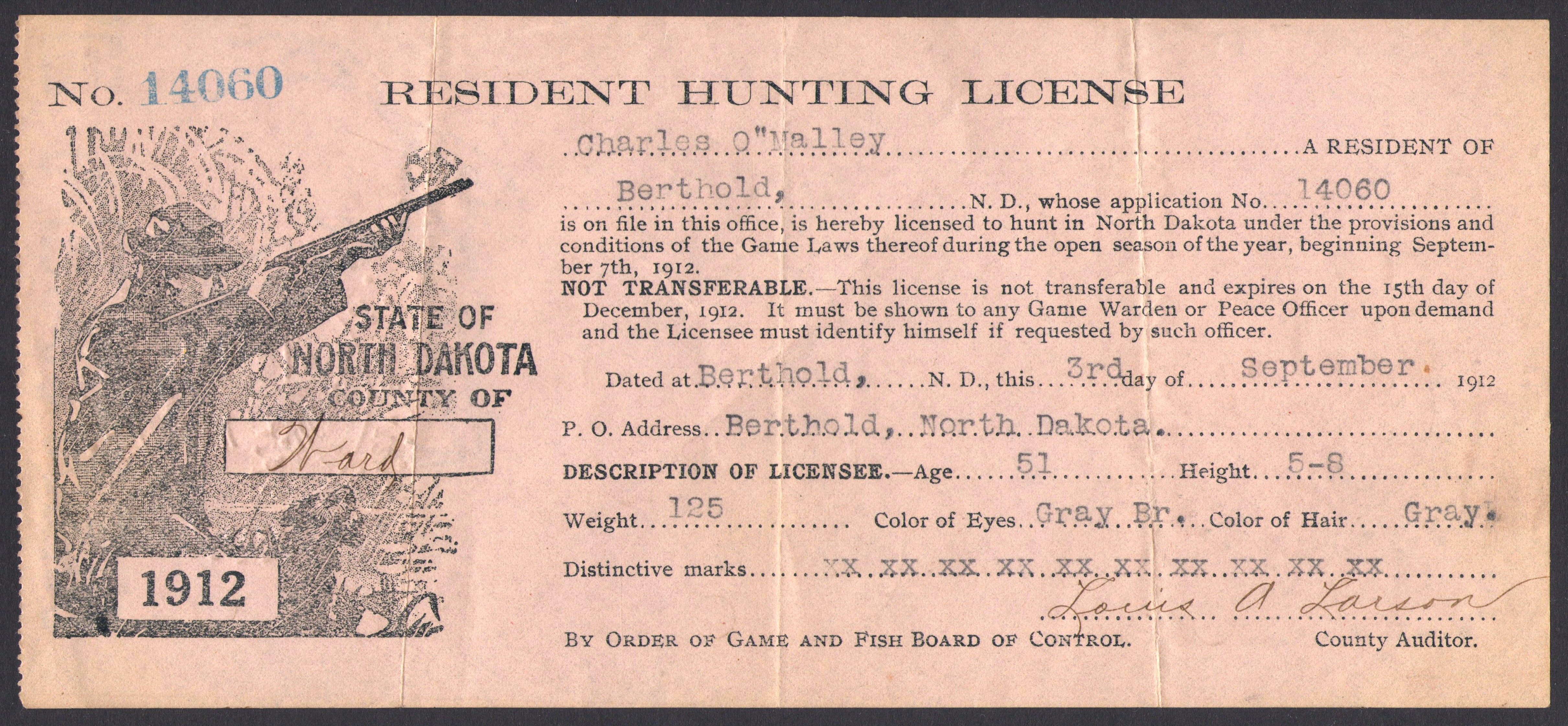 1912 North Dakota Resident Hunting License