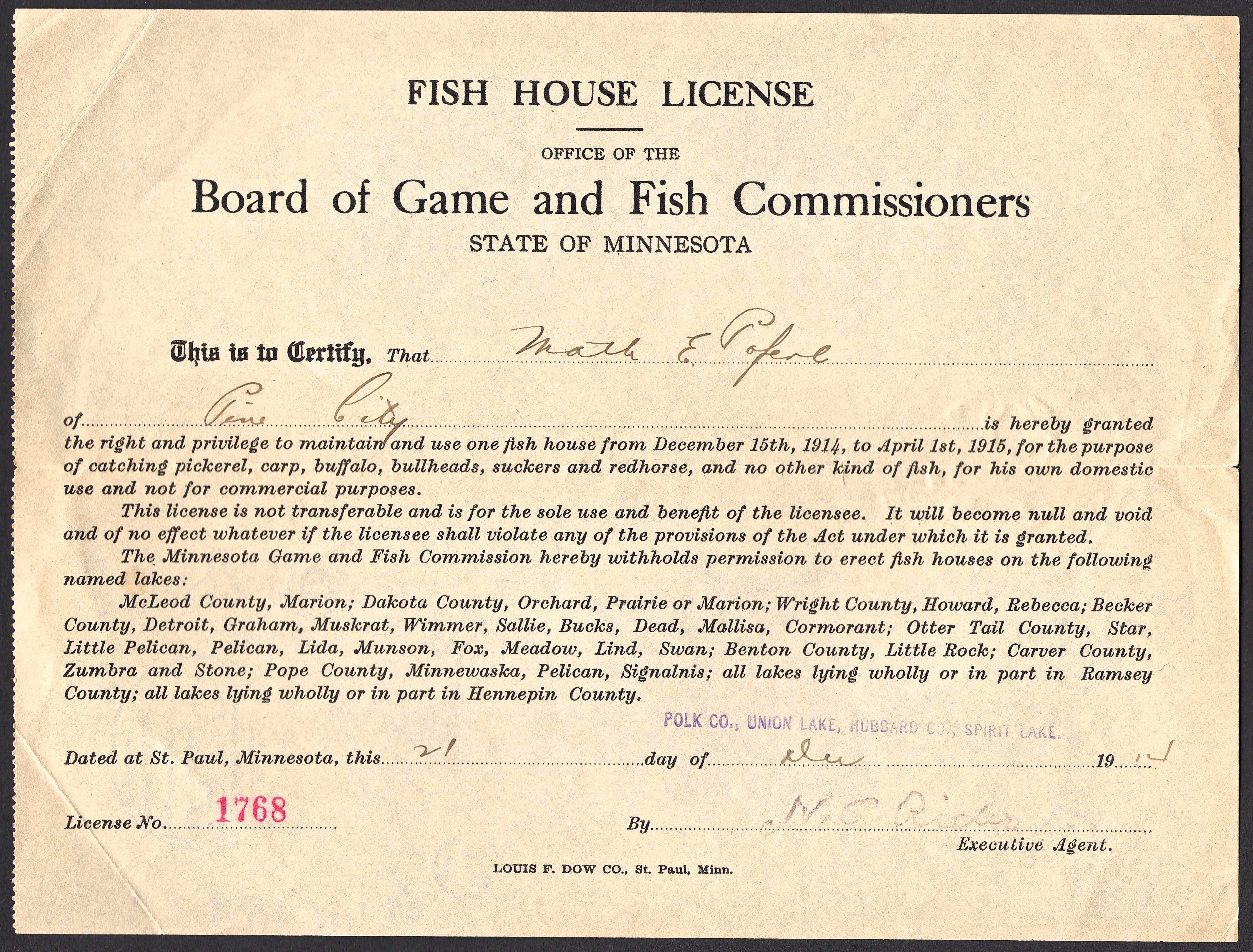 1914 Minnesota Fish House License