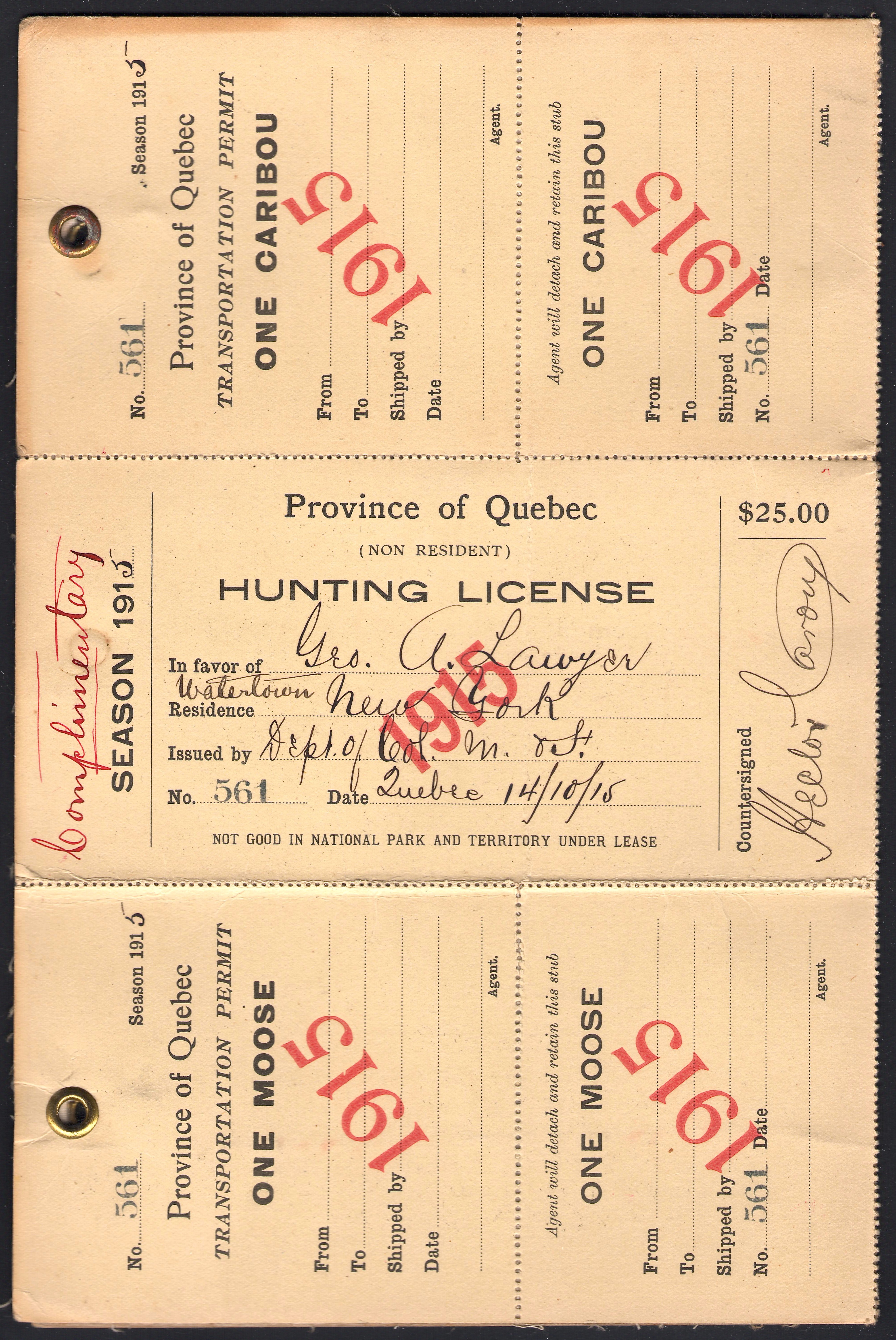 George Lawyer's Complimentary 1915 Quebec Hunting License and Tags