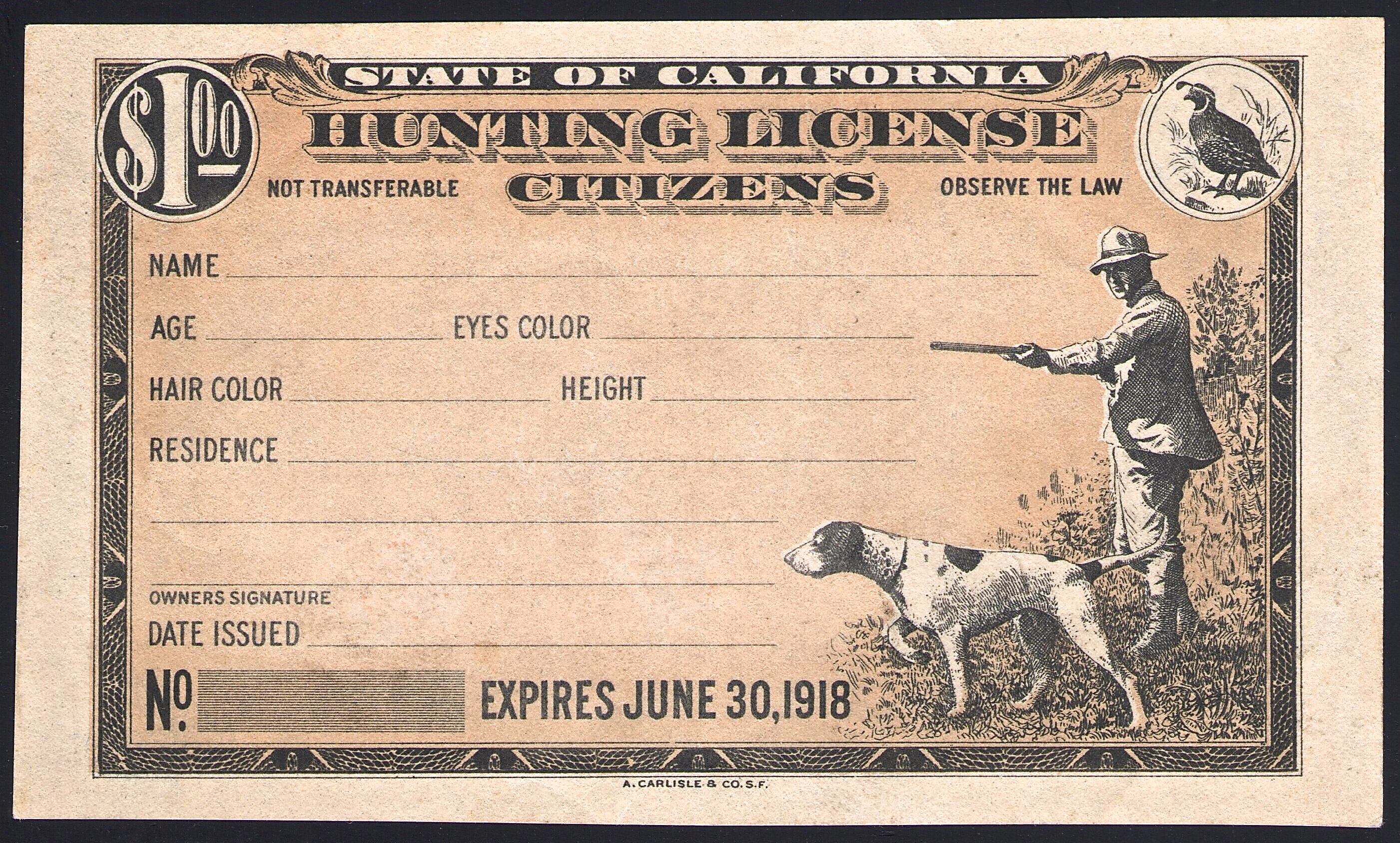 1917-18 California Resident Hunting License Proof