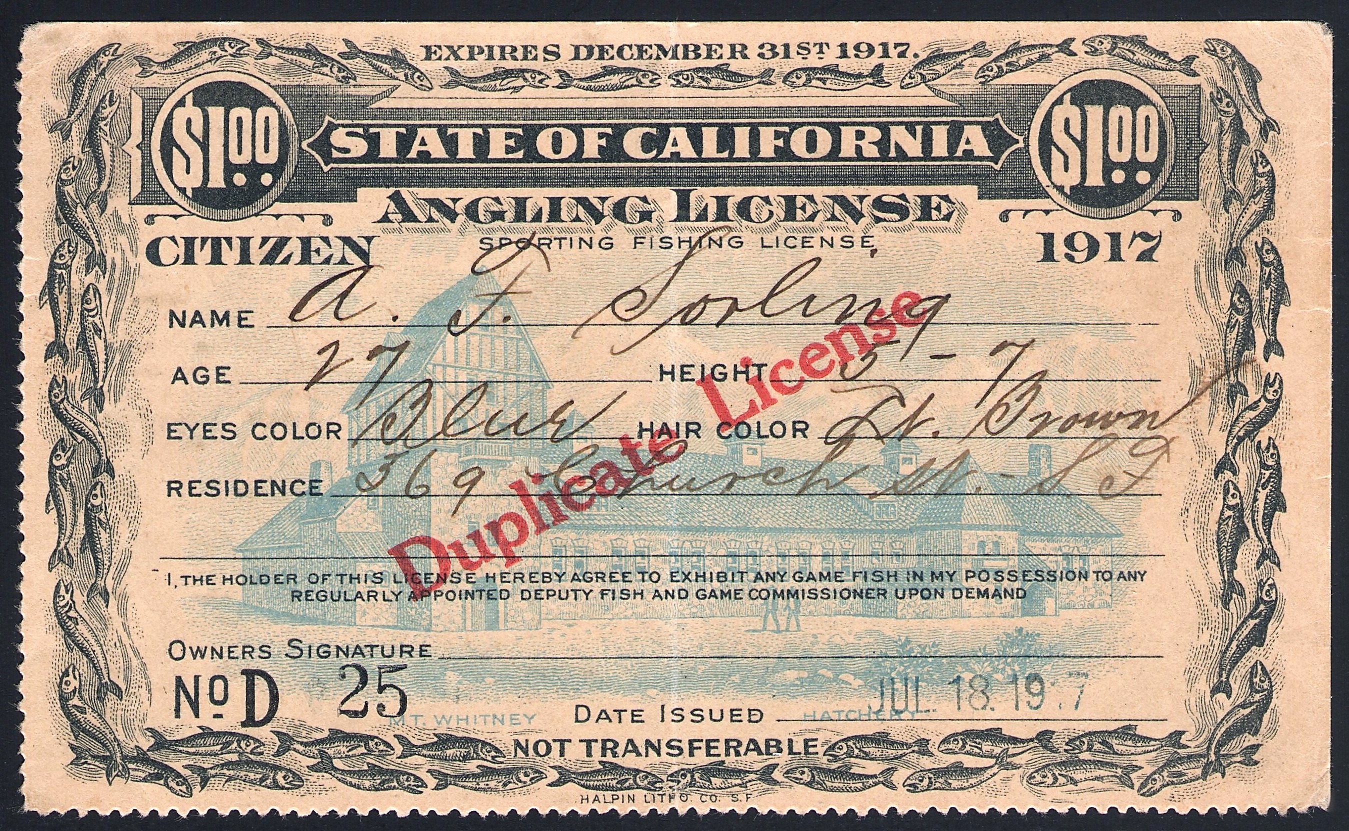 1917 California Duplicate Fishing License