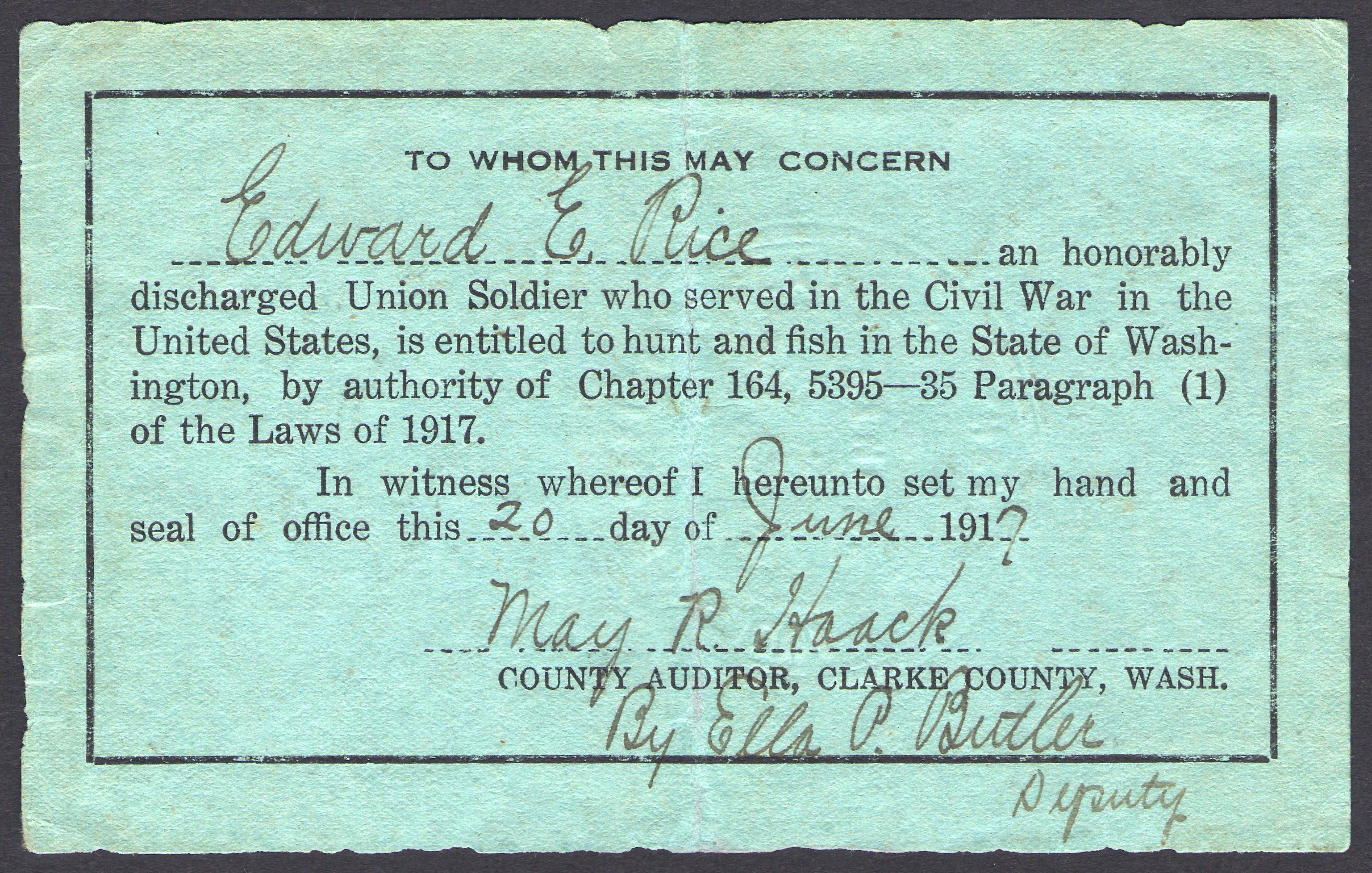 Civil War Veteran 1917 Oregon License to Hunt and Fish