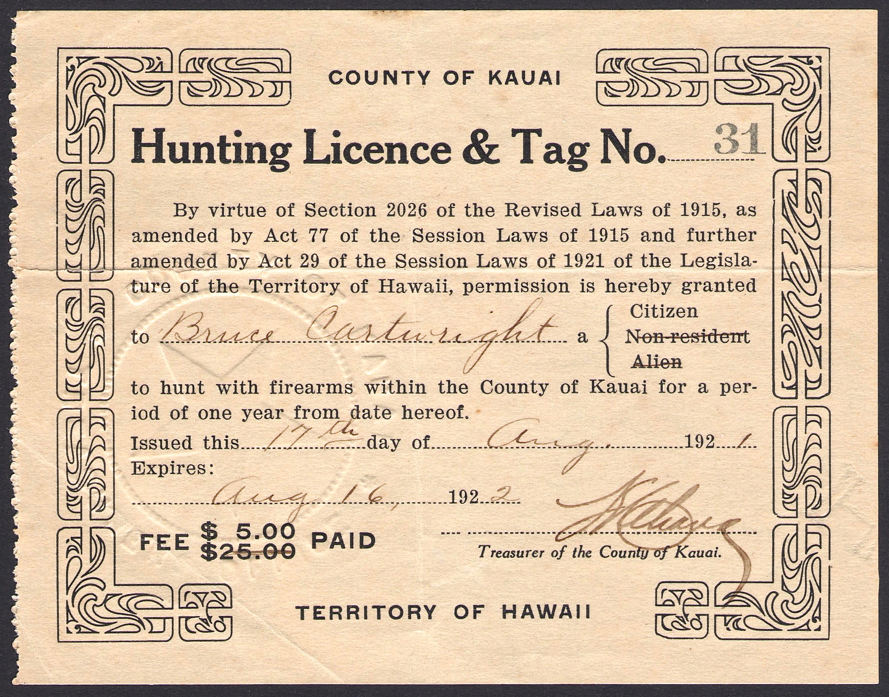 1911 County of Kauai Hunting License