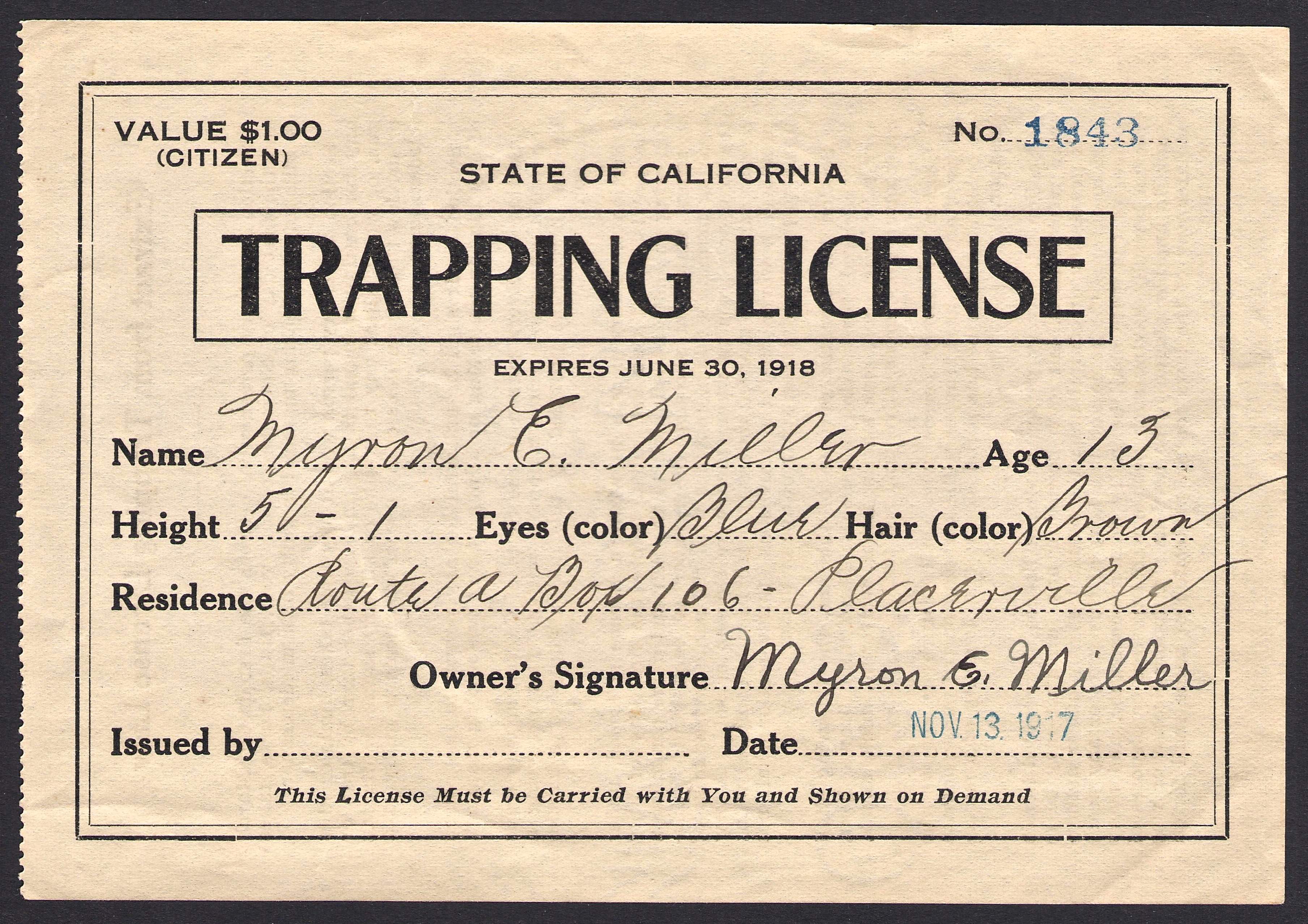 The First California Trapping License - 1917