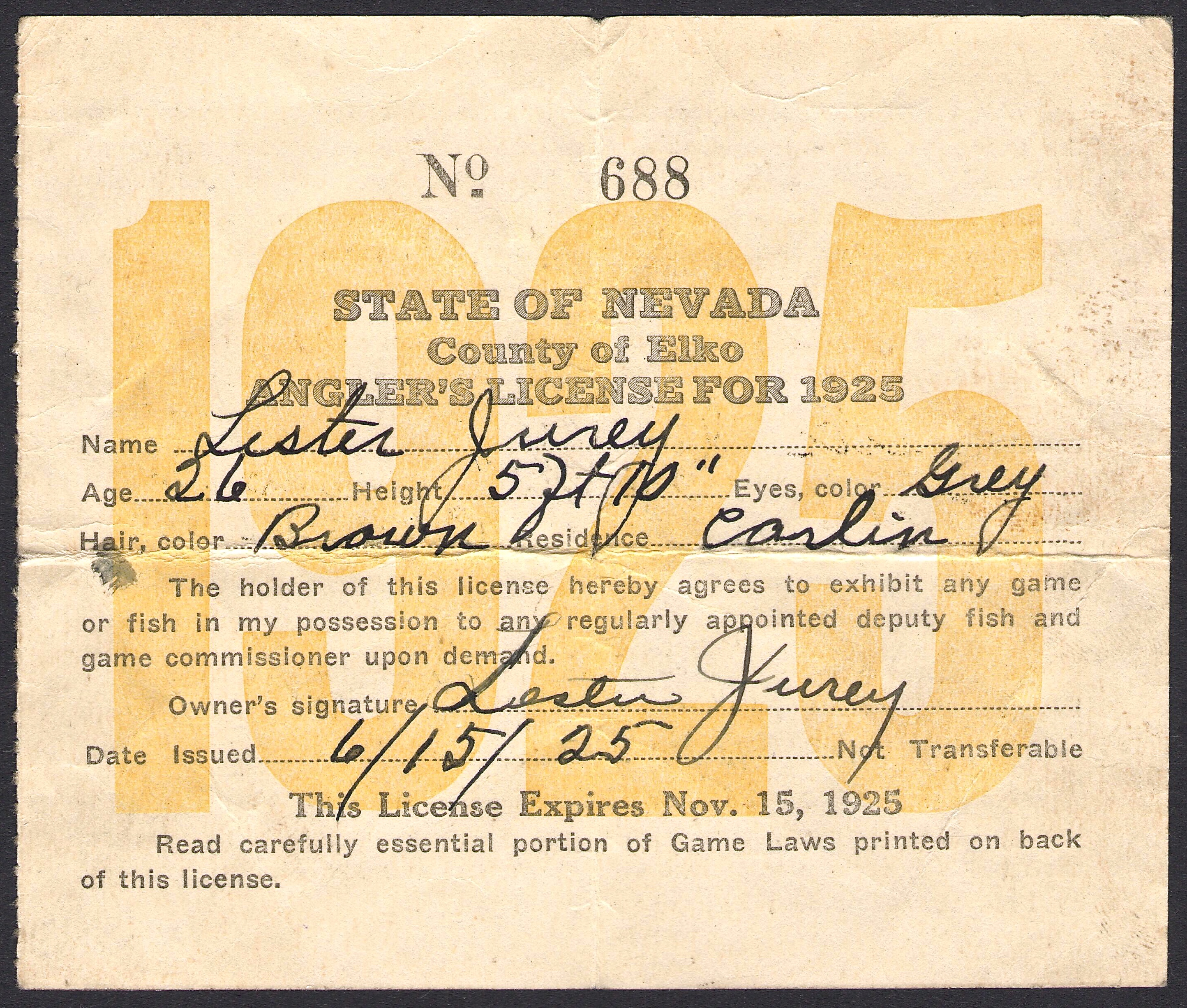 1925 Elko County, Nevada Fishing License