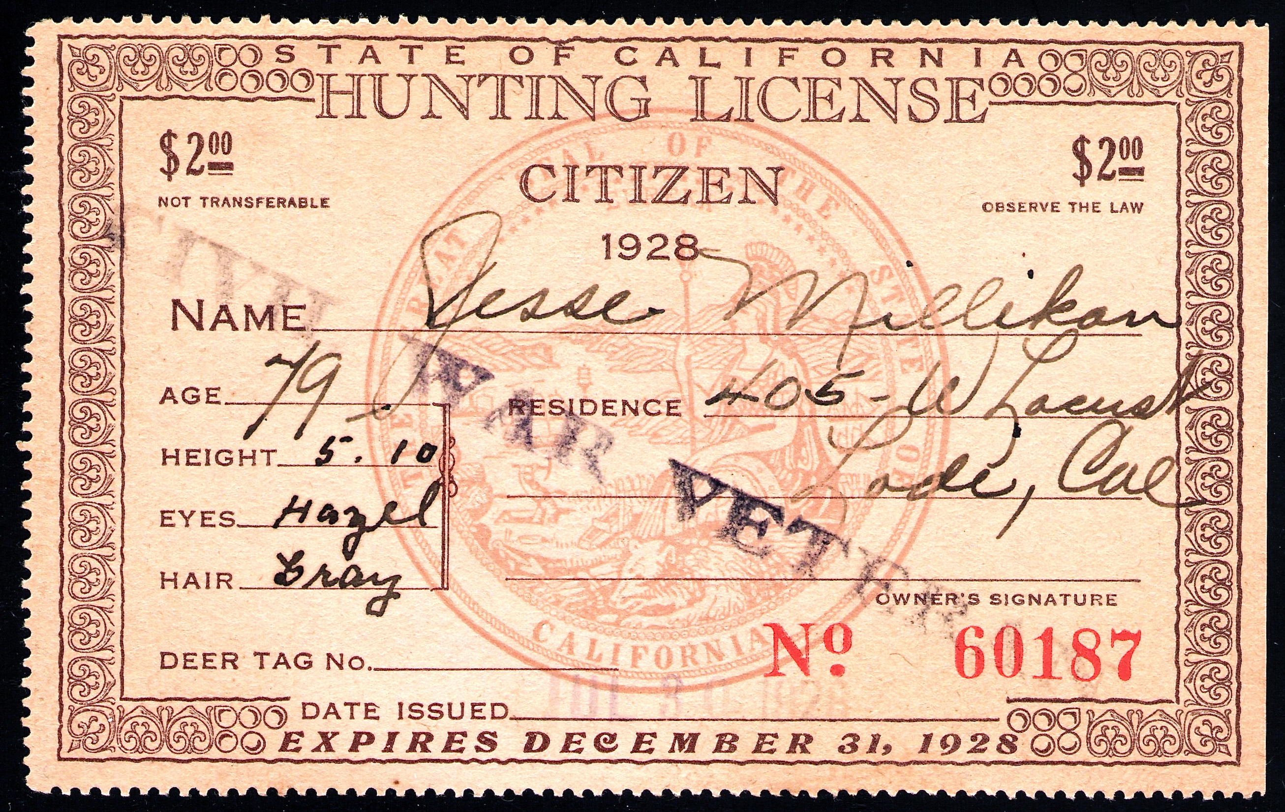 Civil War Veteran 1927-28 California Resident Hunting License