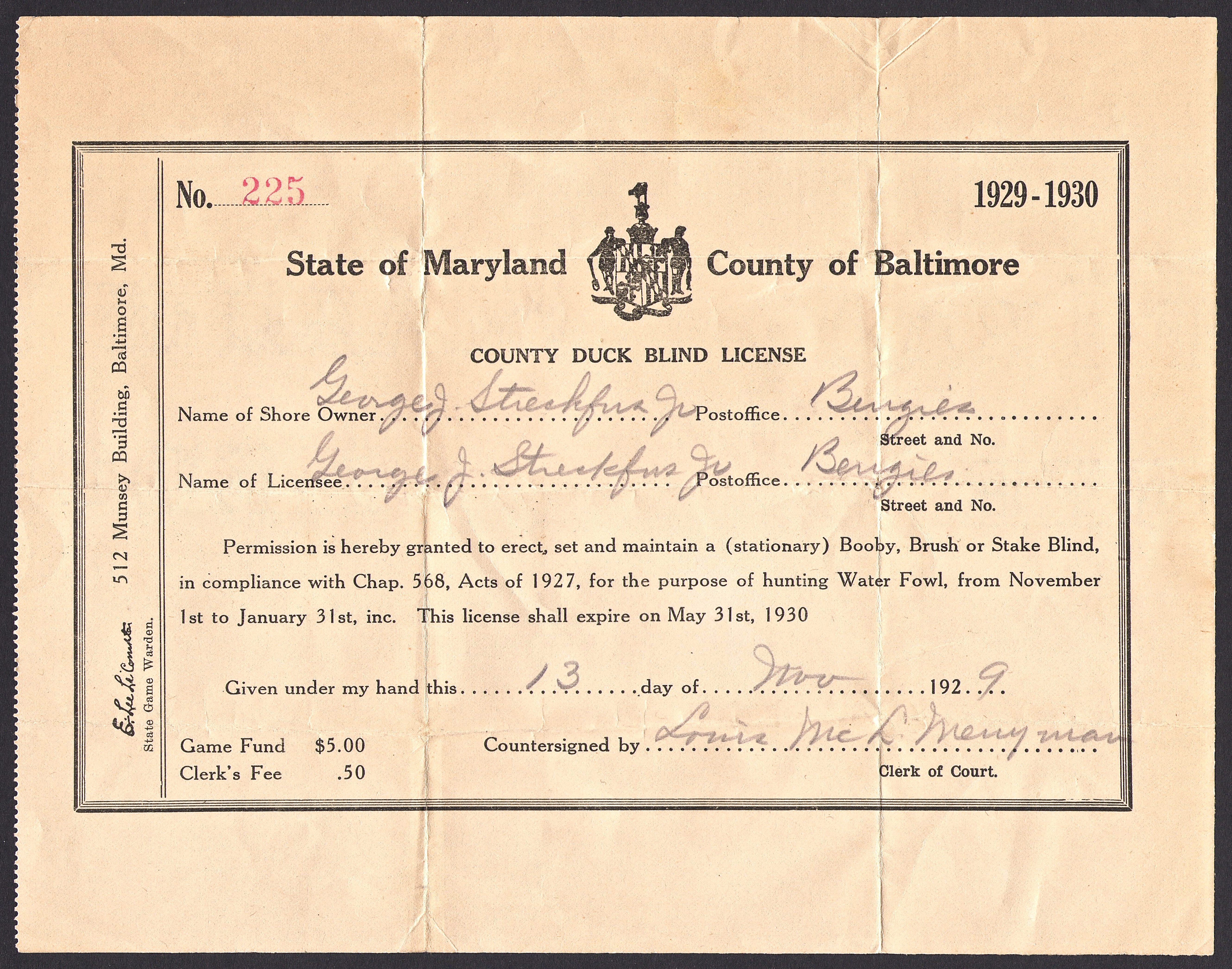 1929-30 Maryland Duck Blind License