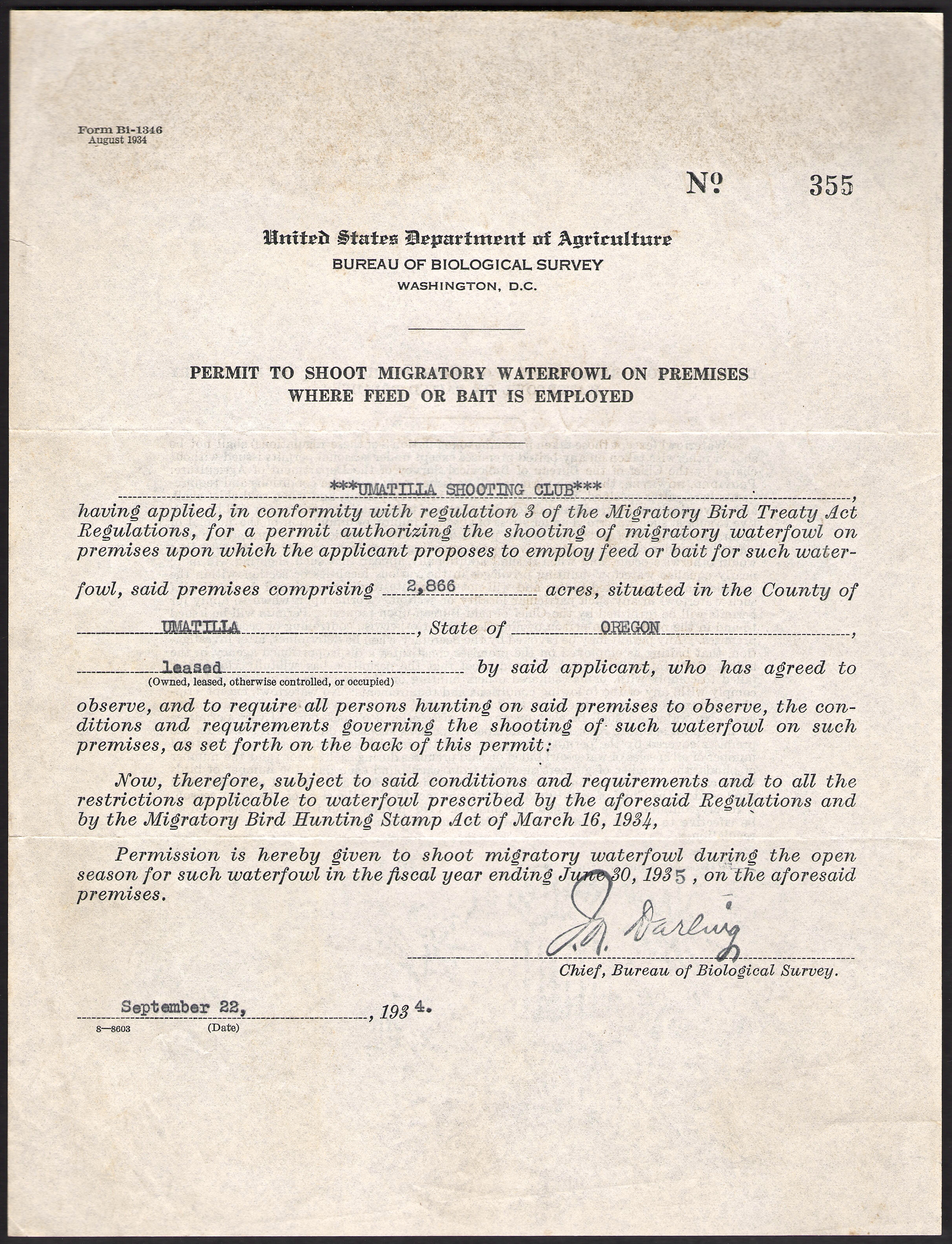 1934 Permit To Shoot Waterfowl Where Feed or Bait Is Employed - Auto Signed J.N. Darling