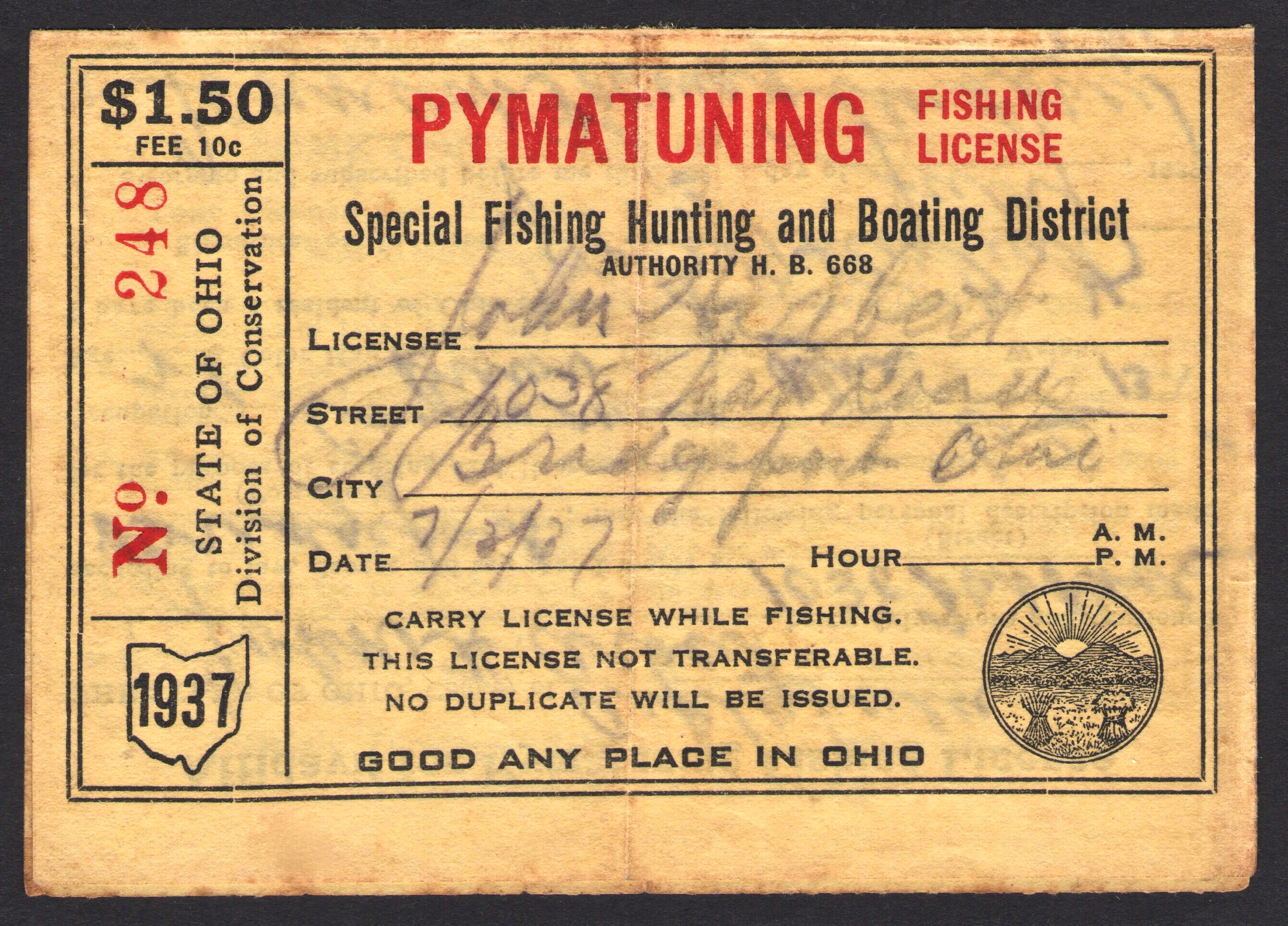 1937 Pymatuning Fishing License