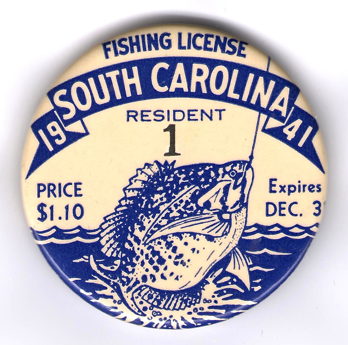 1940-41 South Carolina Resident Fishing License Button #1