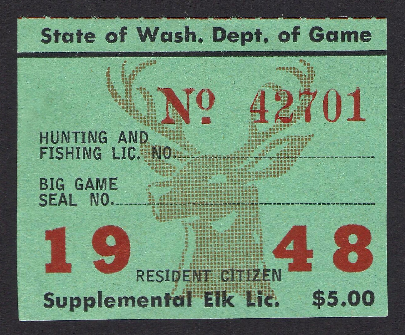 Unused 1948 Washington Elk
