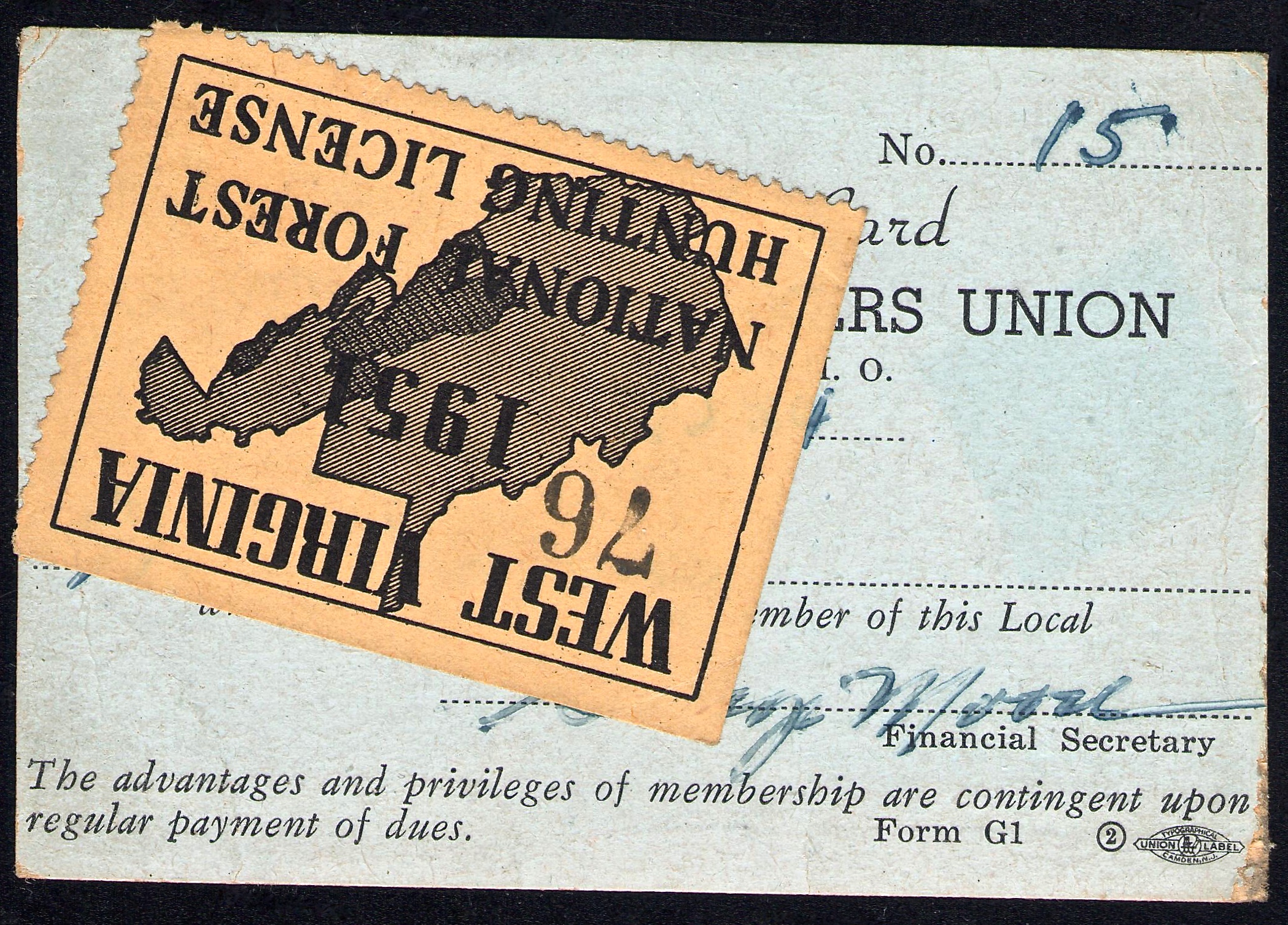 Union Card with 1951 West Virginia National Forest Hunting Stamp