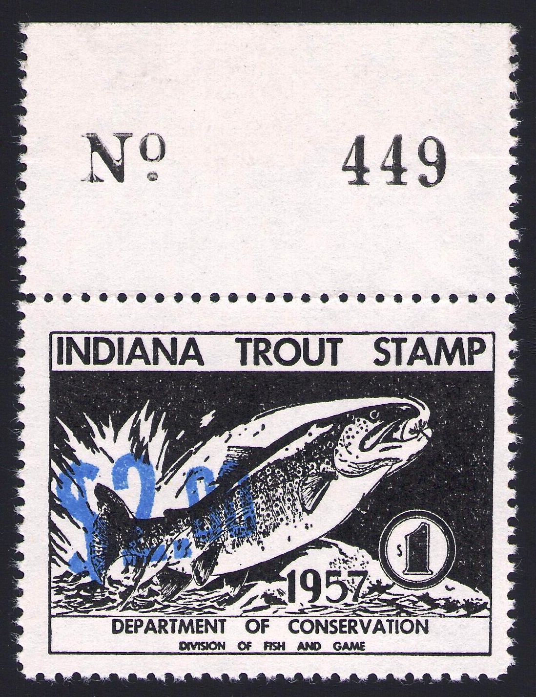 1957 Indiana Trout Surcharged Plate # Single