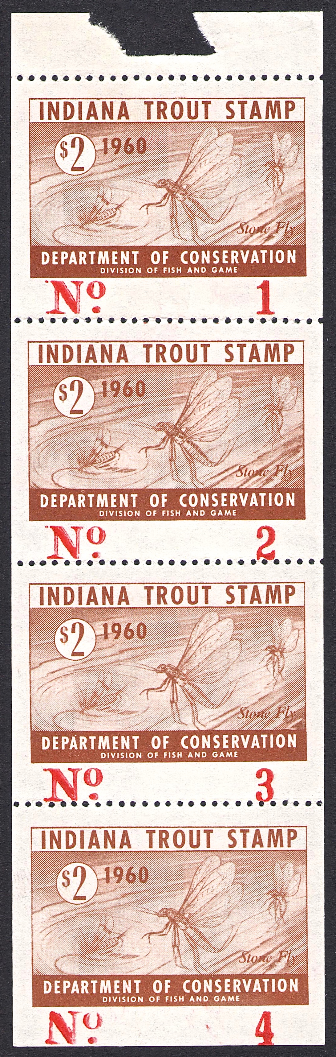 1960 Indiana Trout Serial Numbers 1-4 Complete Pane