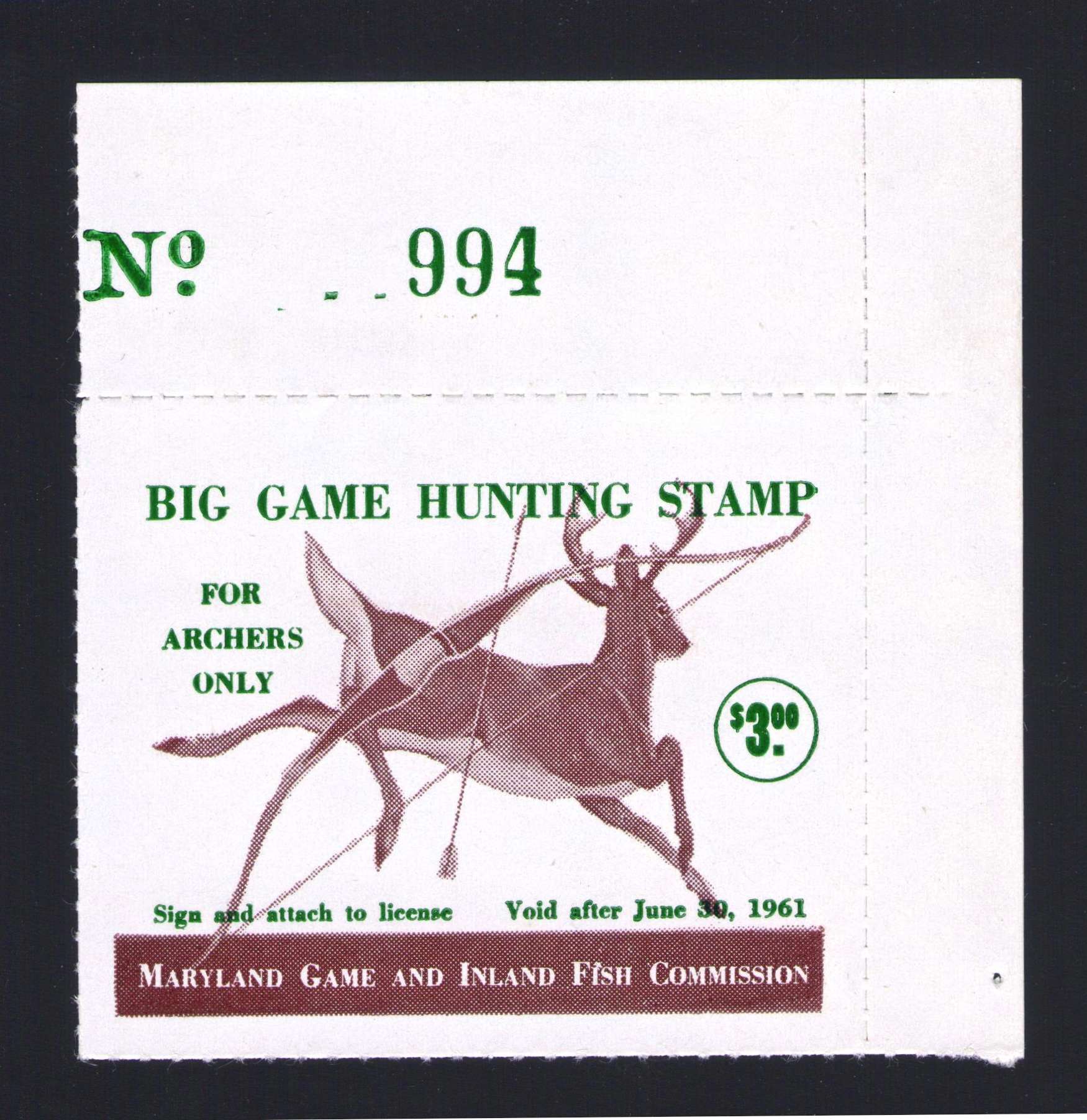 Type II Maryland 1960-61 Archery Deer Sheet # Single