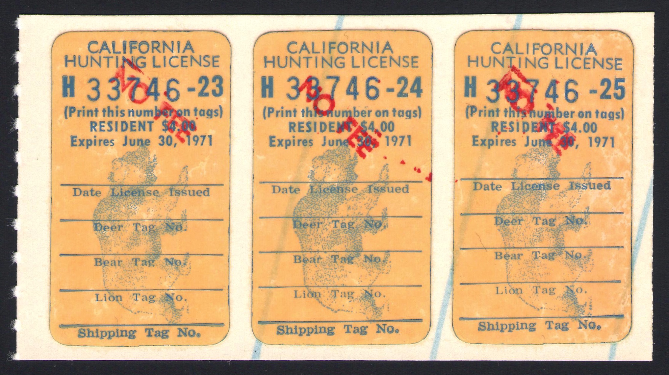 1970-71 NO FEE Unused Strip of Three California