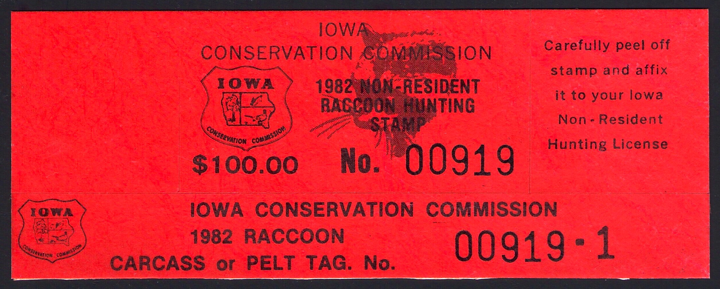 1982 Iowa NR Raccoon with Tag