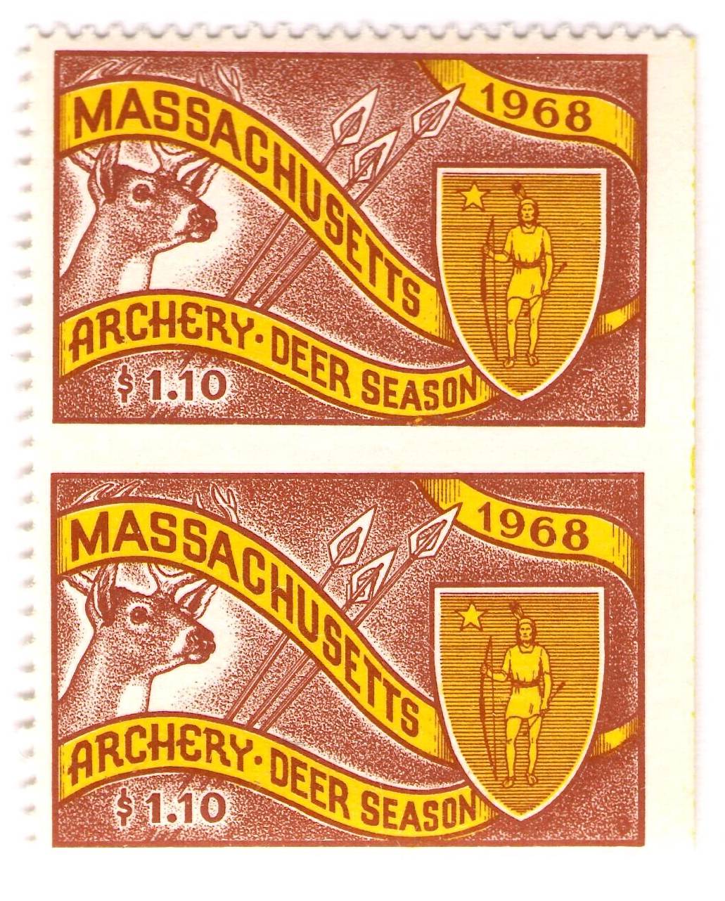 1968 Massachusetts Archer Deer Imperforate Between Pair
