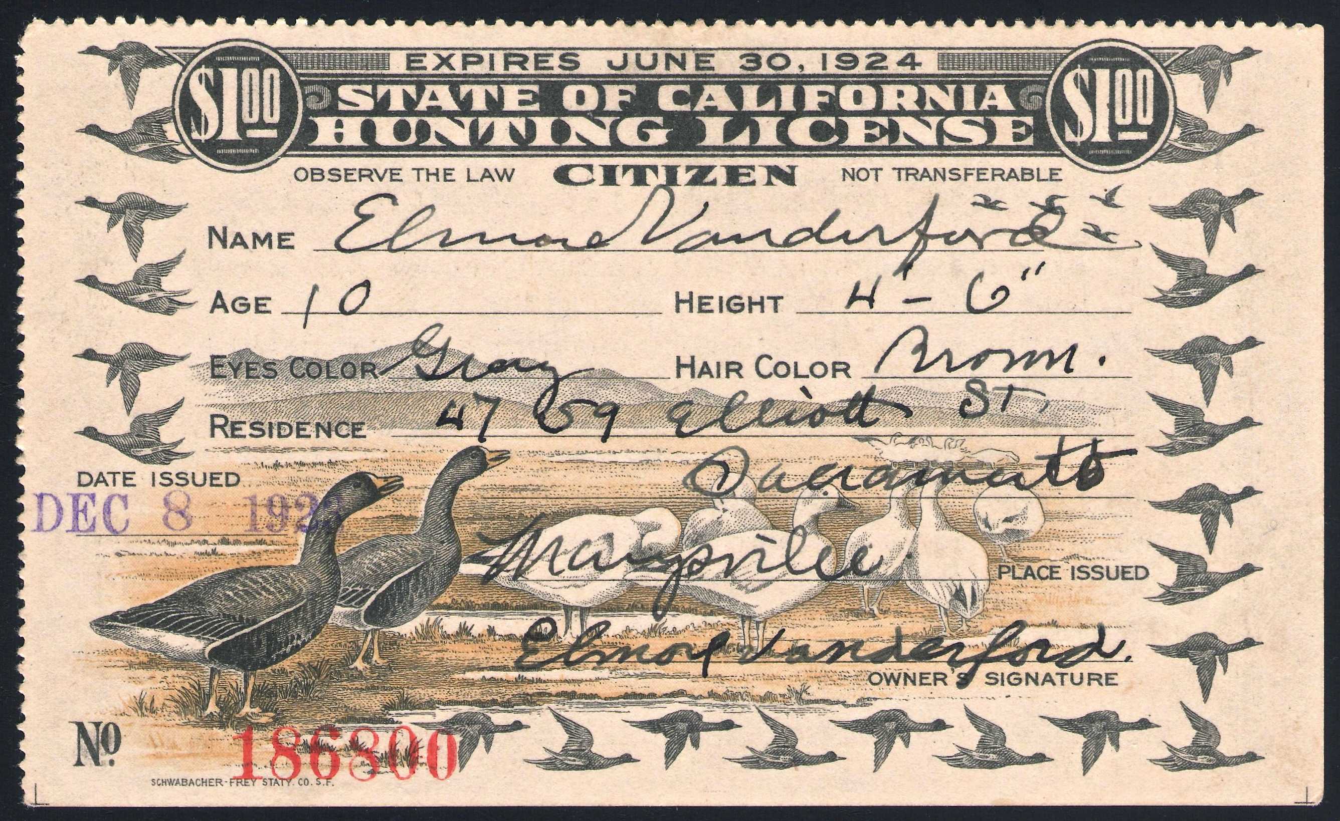E.L. Vanderford's First Hunting License - Age 10