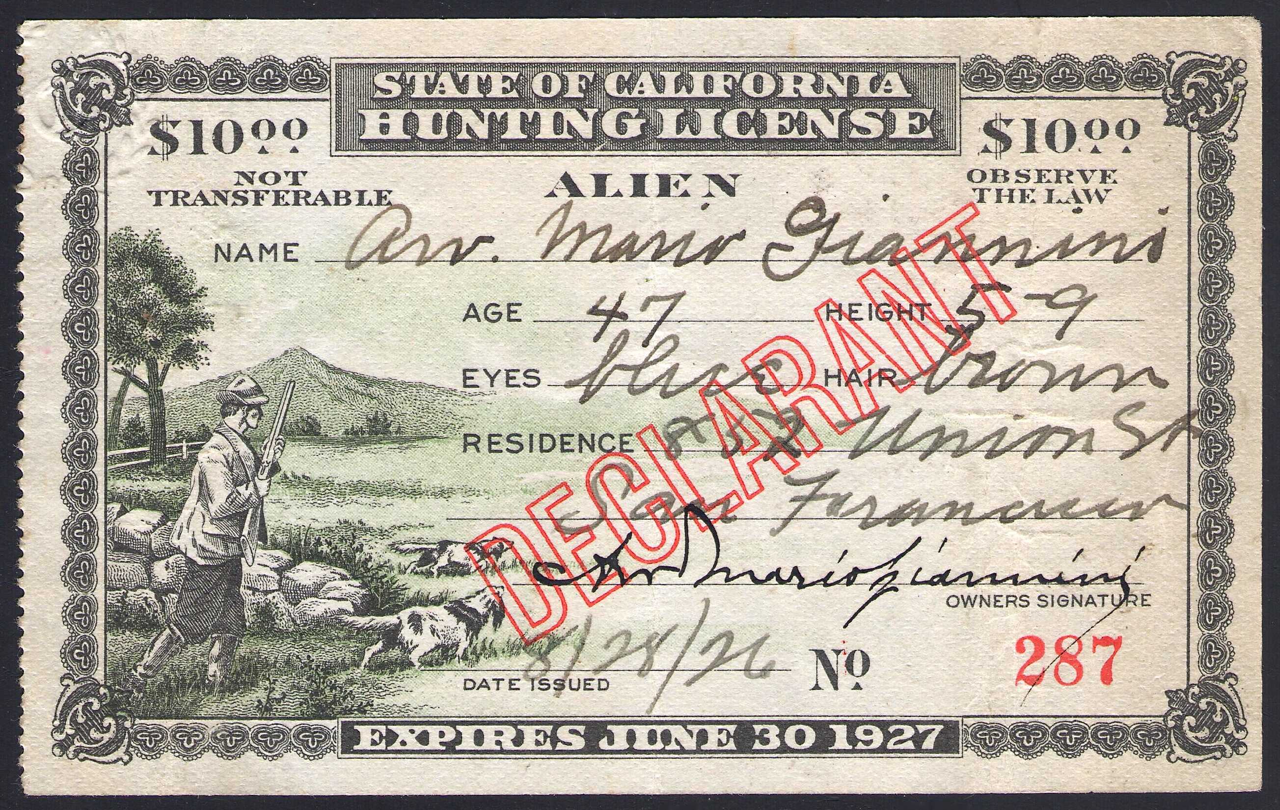 1926-27 California Declarant Alien Hunting License