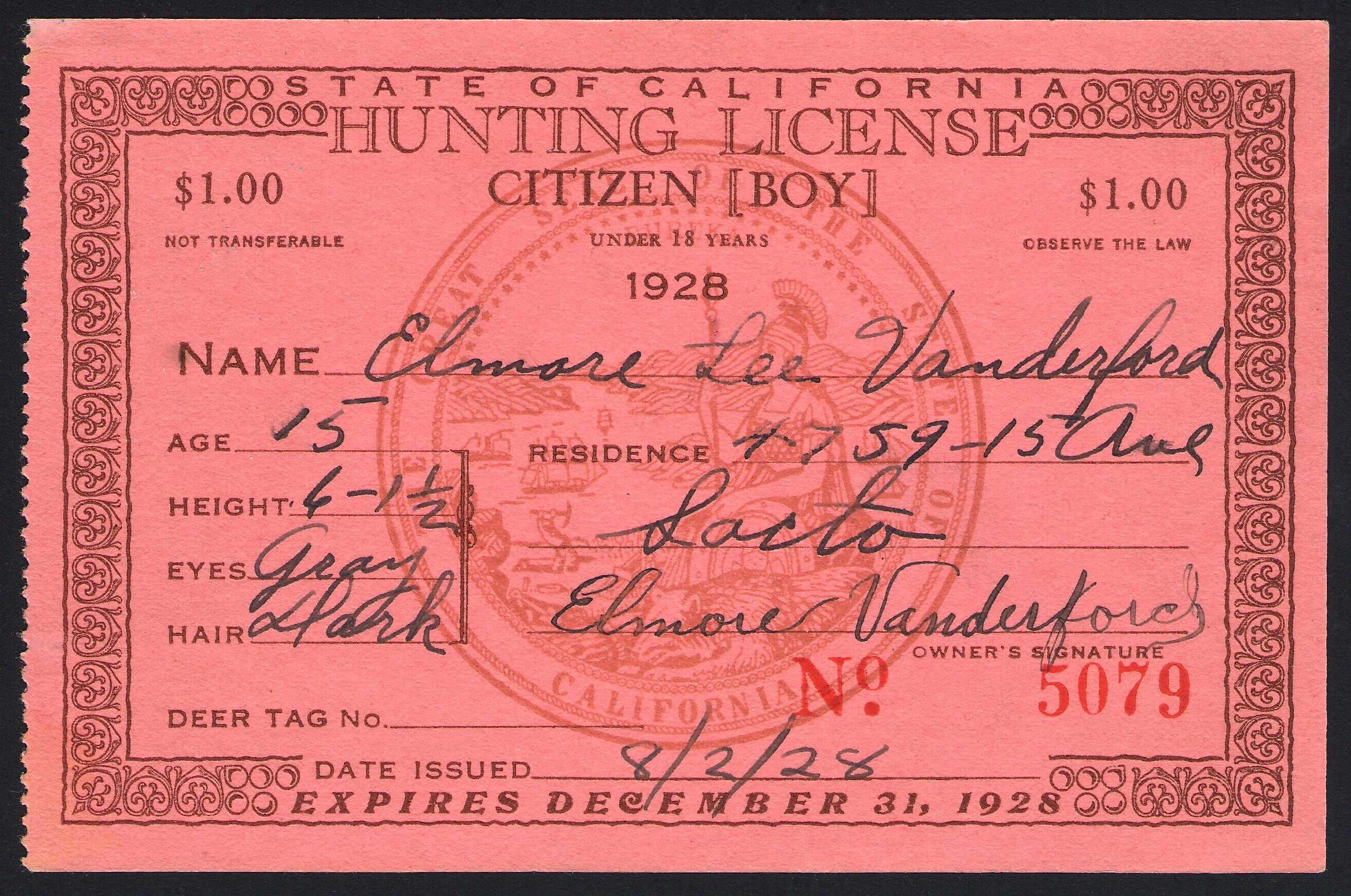 E.L. Vanderford's BOY Hunting License
