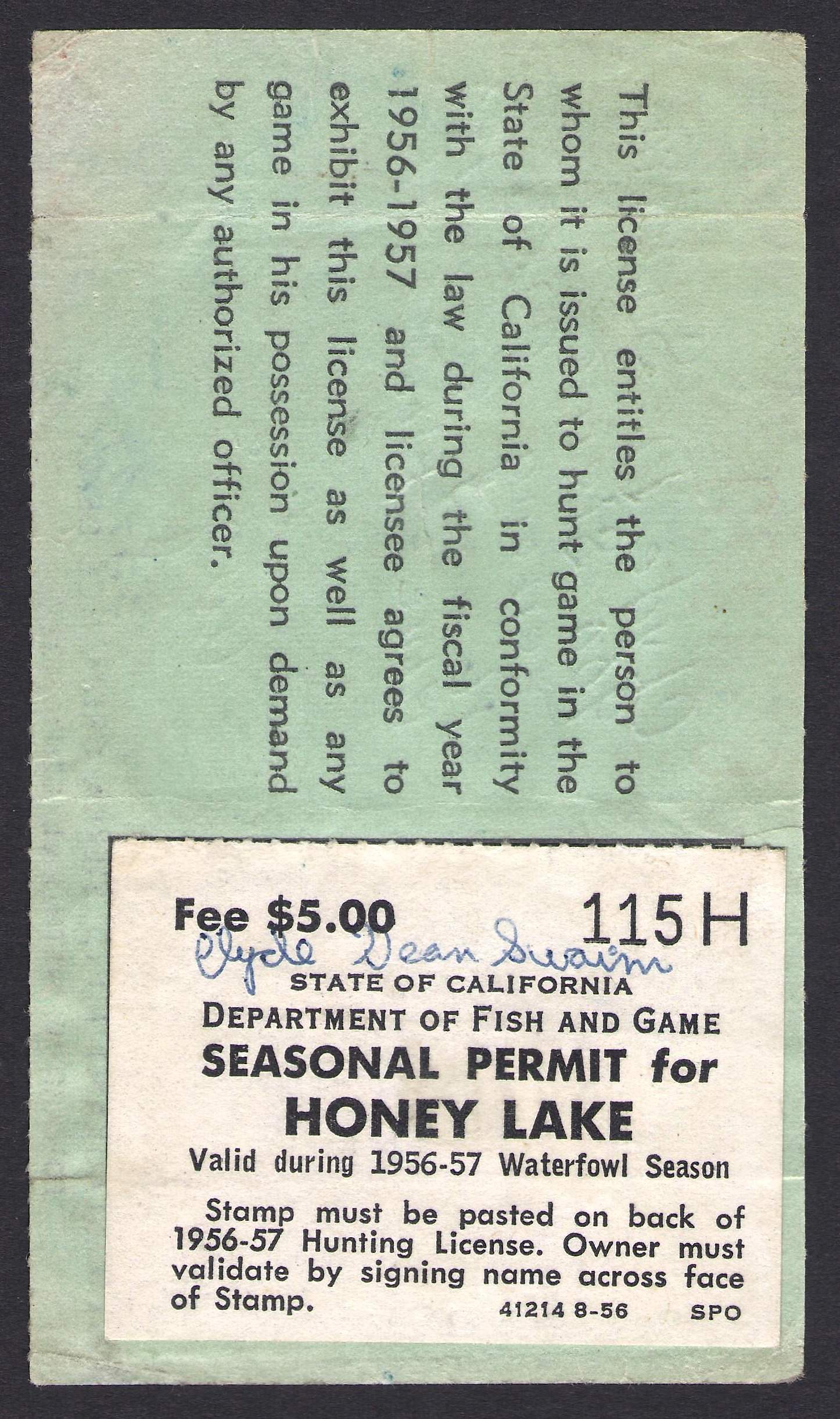 1956 Honey Lake Waterfowl on License