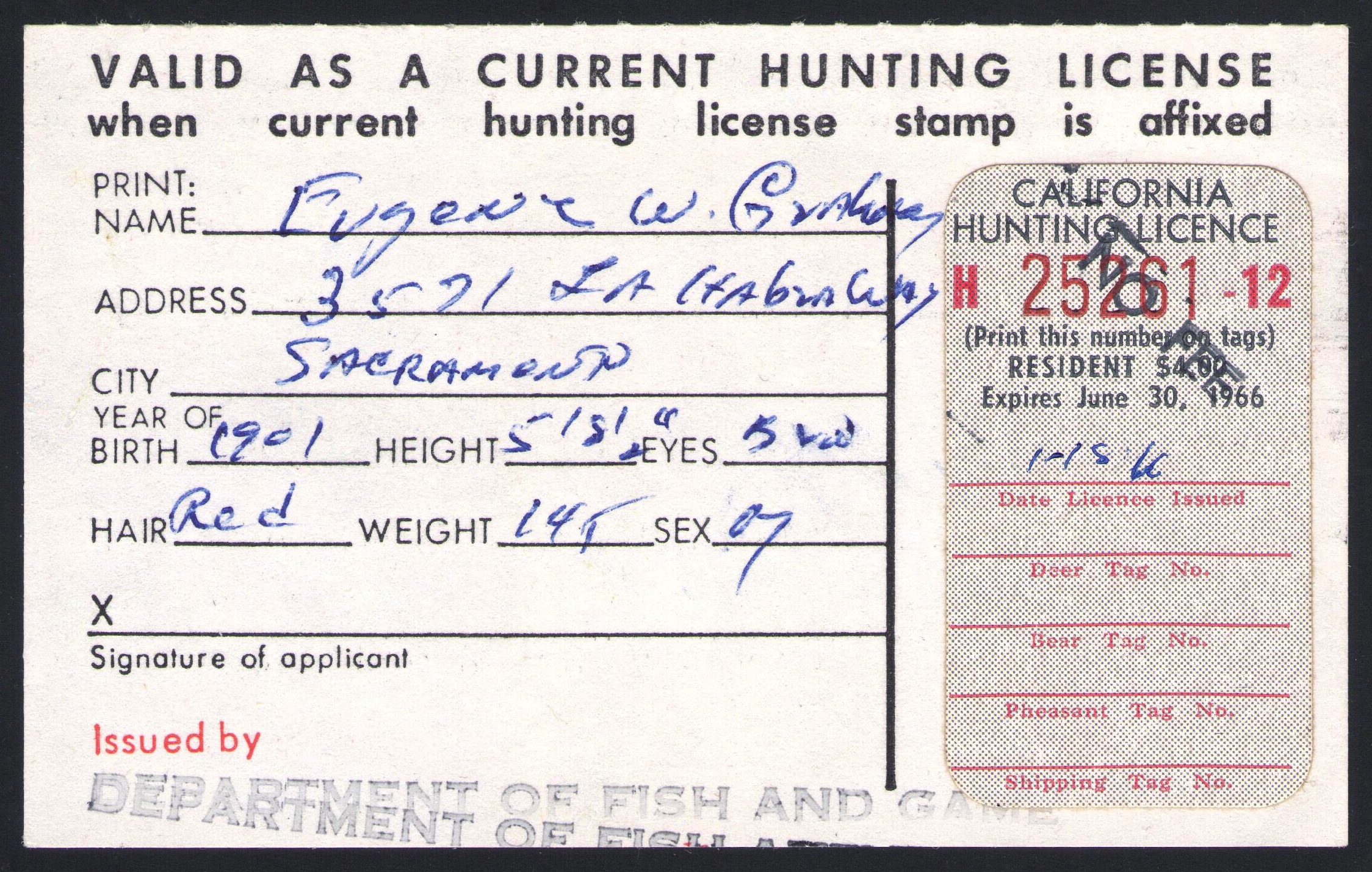 1965 66 Ca Hunting Lic Val No Fee On License Only Recorded