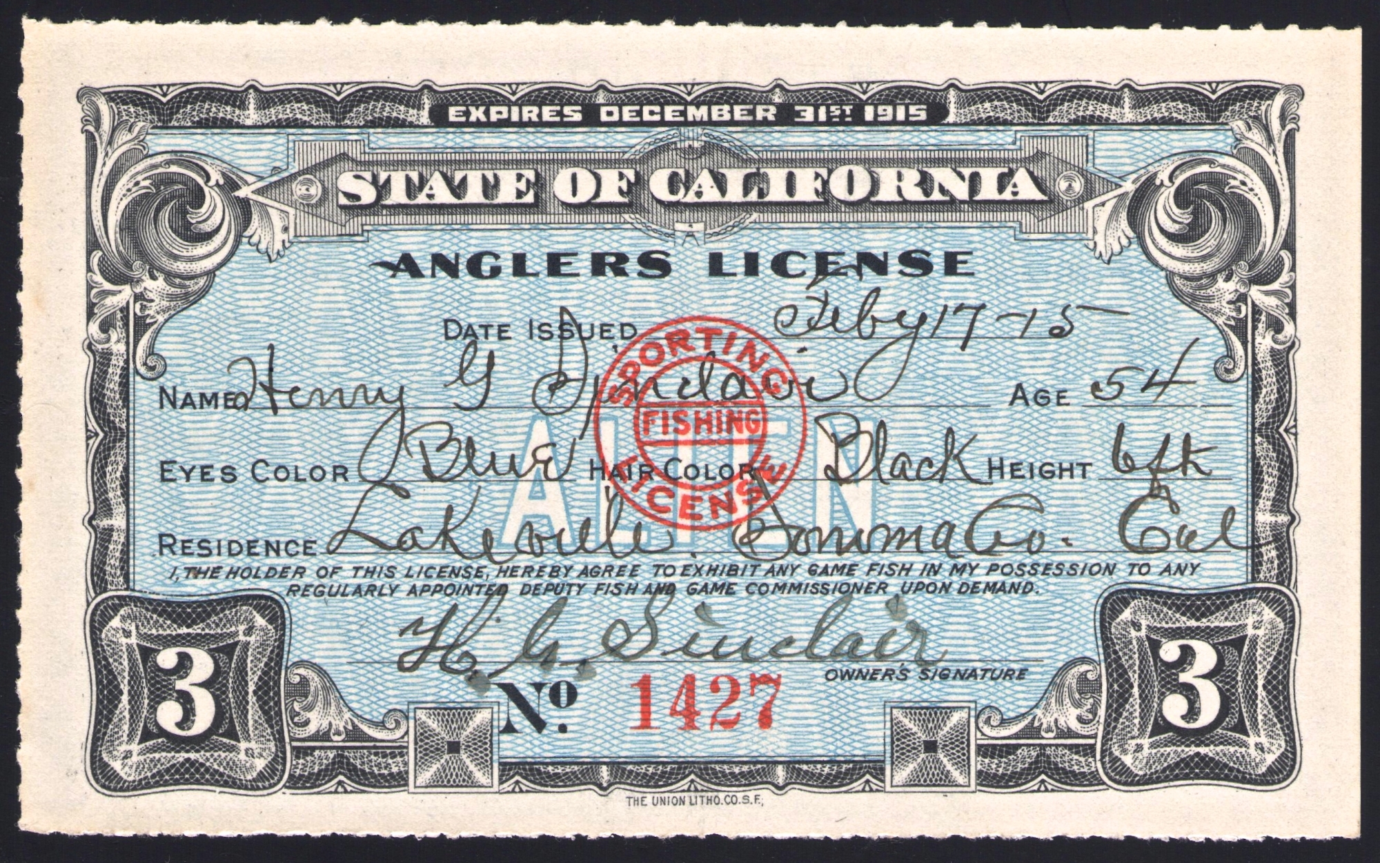 1915 Alien Fishing License California
