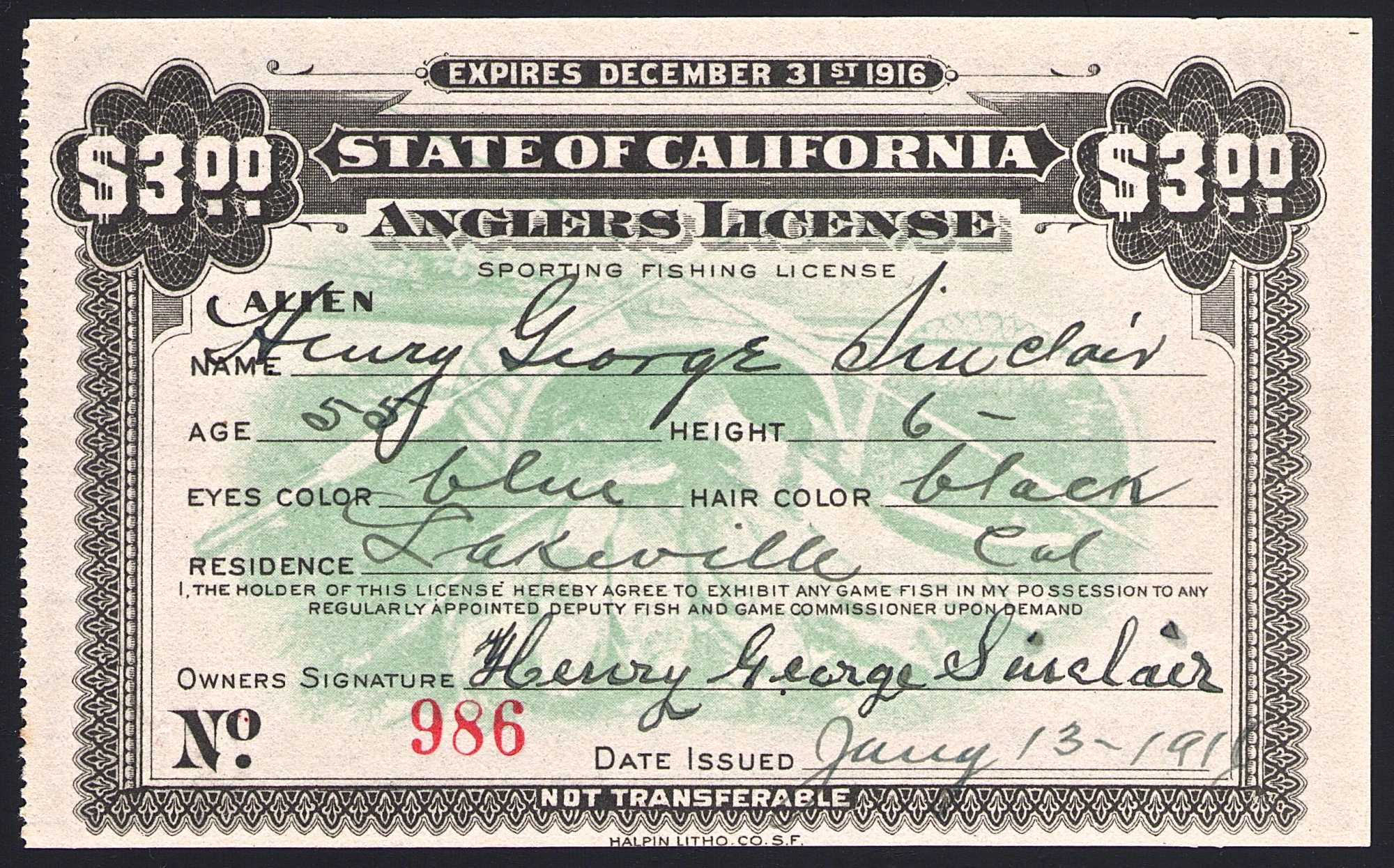 1916 Alien Fishing License California
