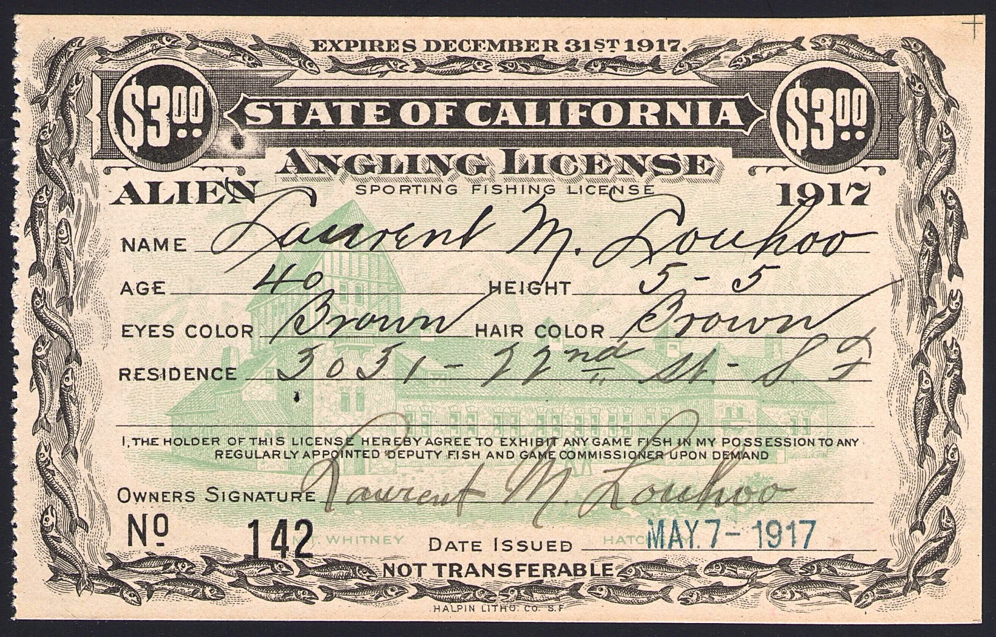 1917 Alien Fishing License California