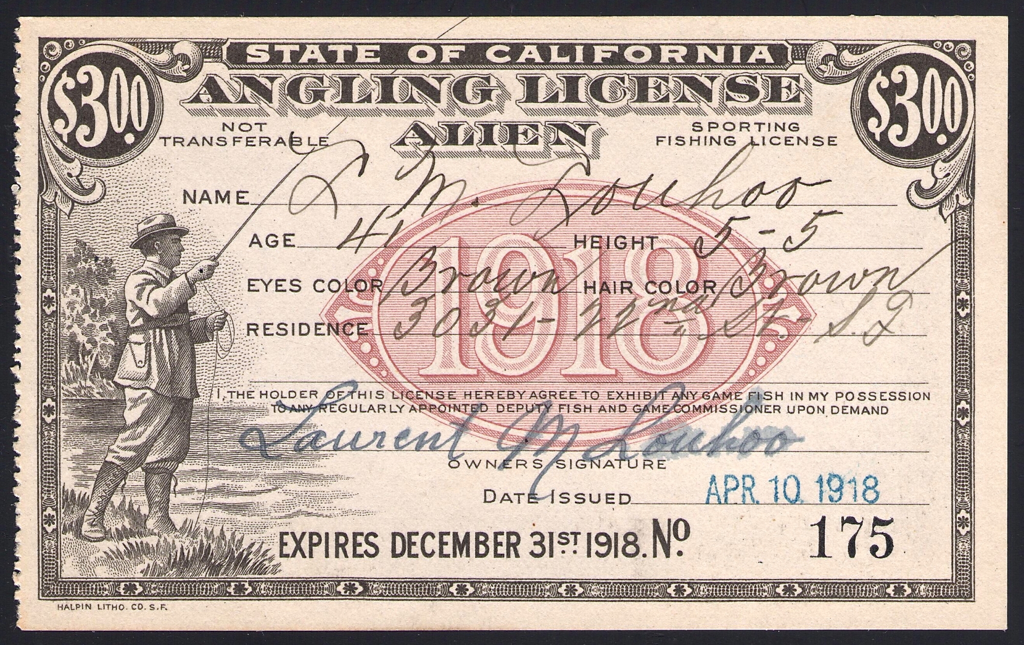 1918 Alien Fishing License California