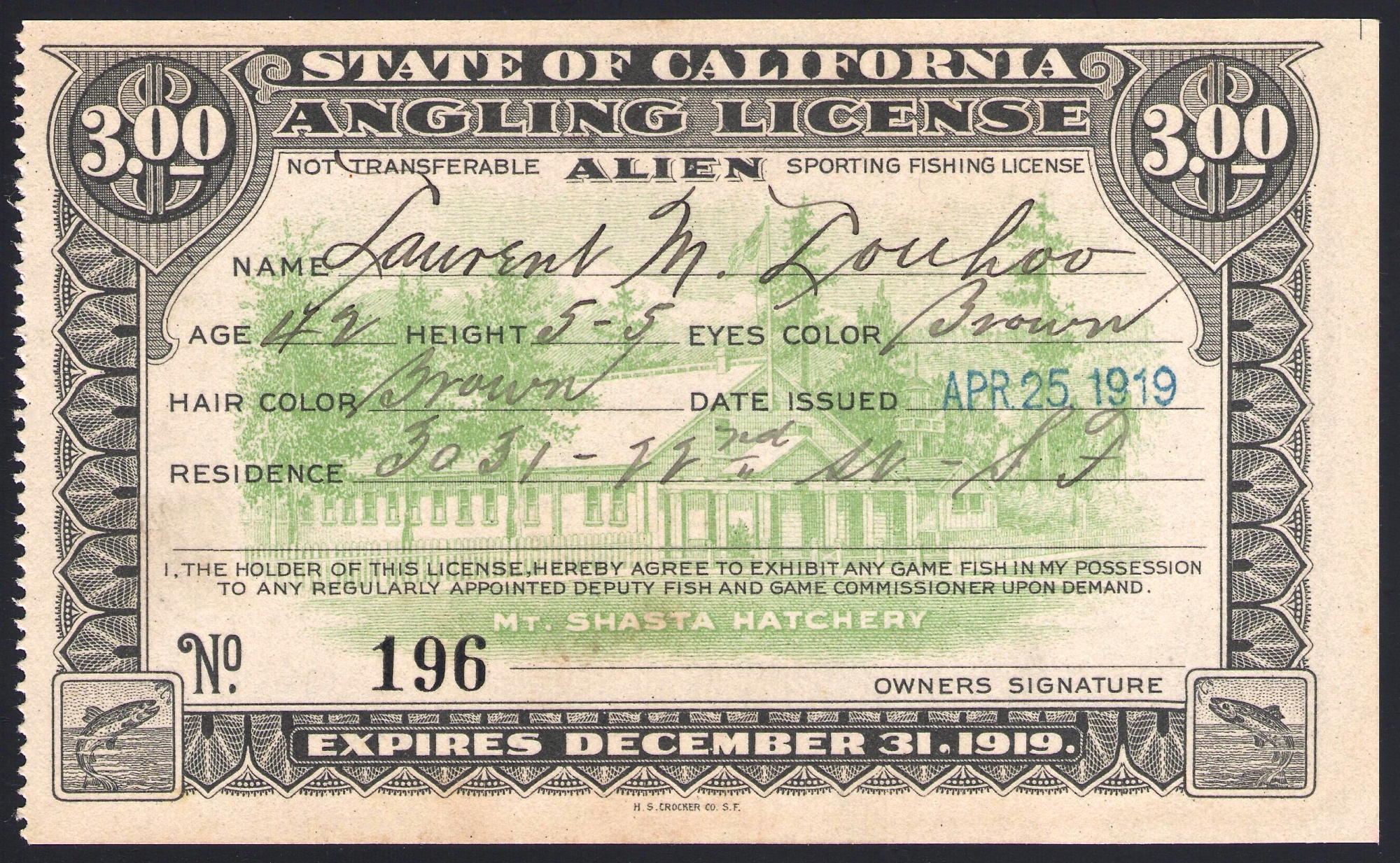 1919 Alien Fishing License California