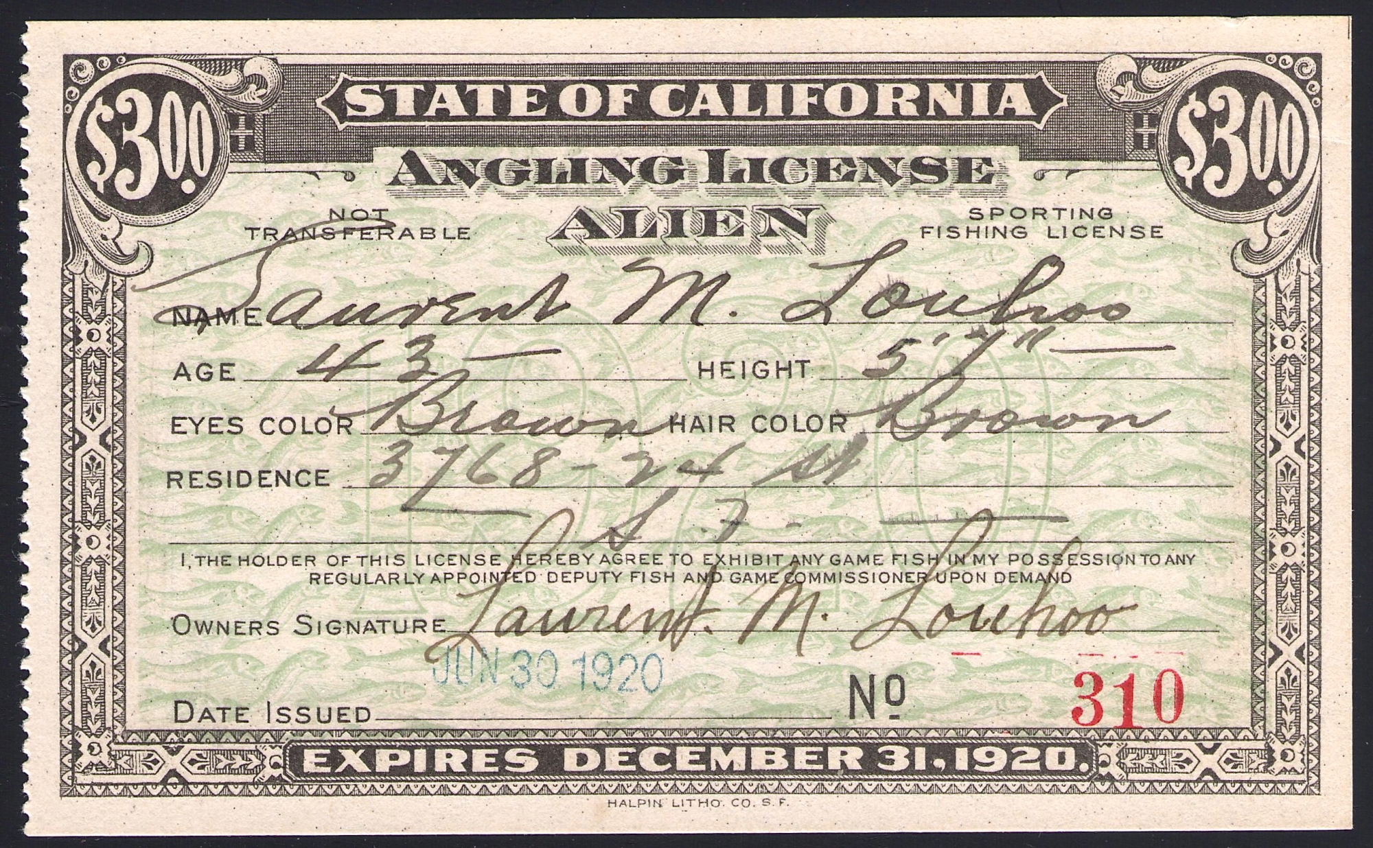 1920 Alien Fishing License California
