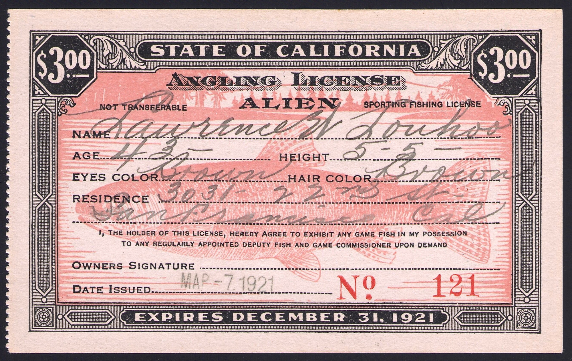 1921 Alien Fishing License California