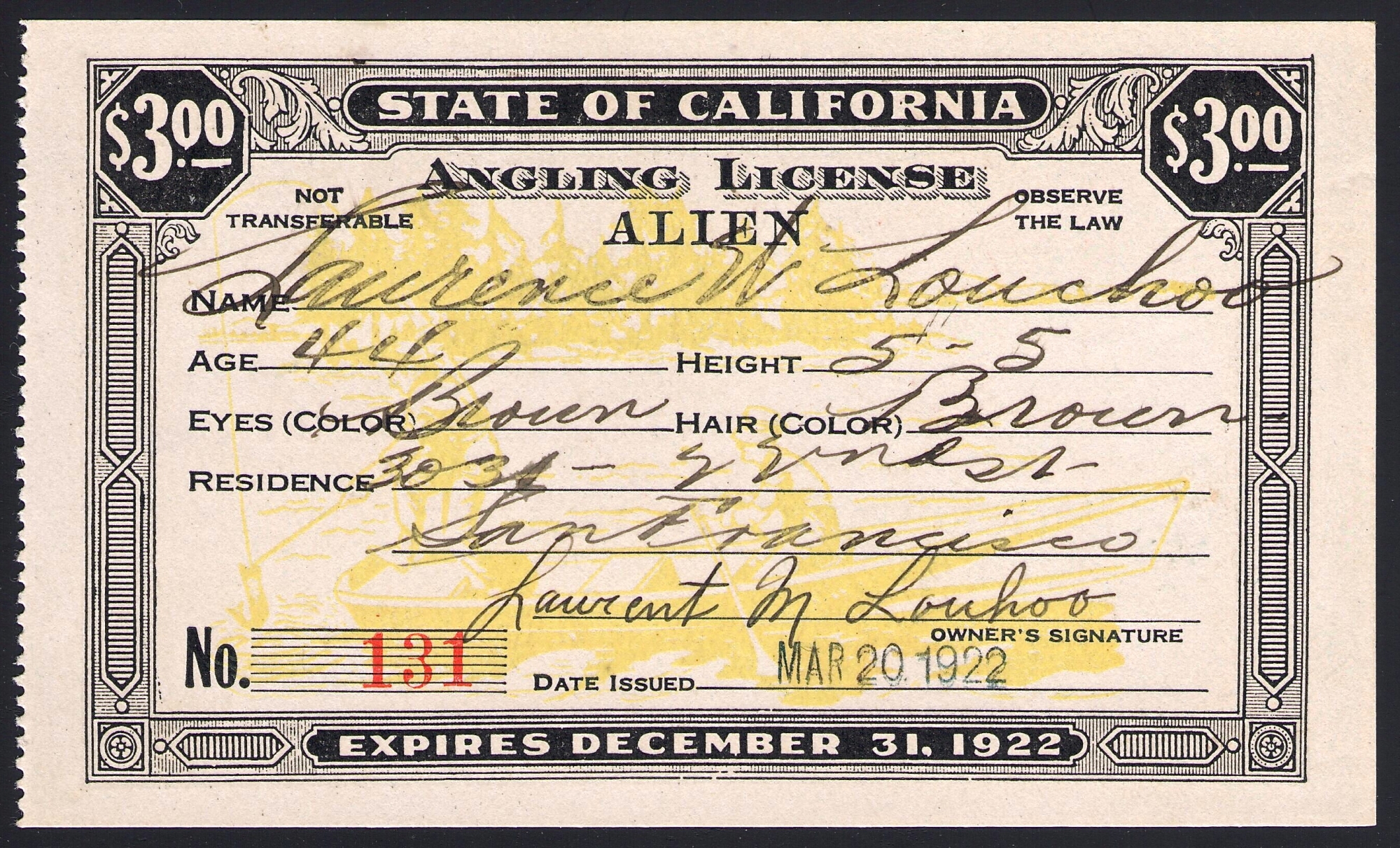 1922 Alien Fishing License California
