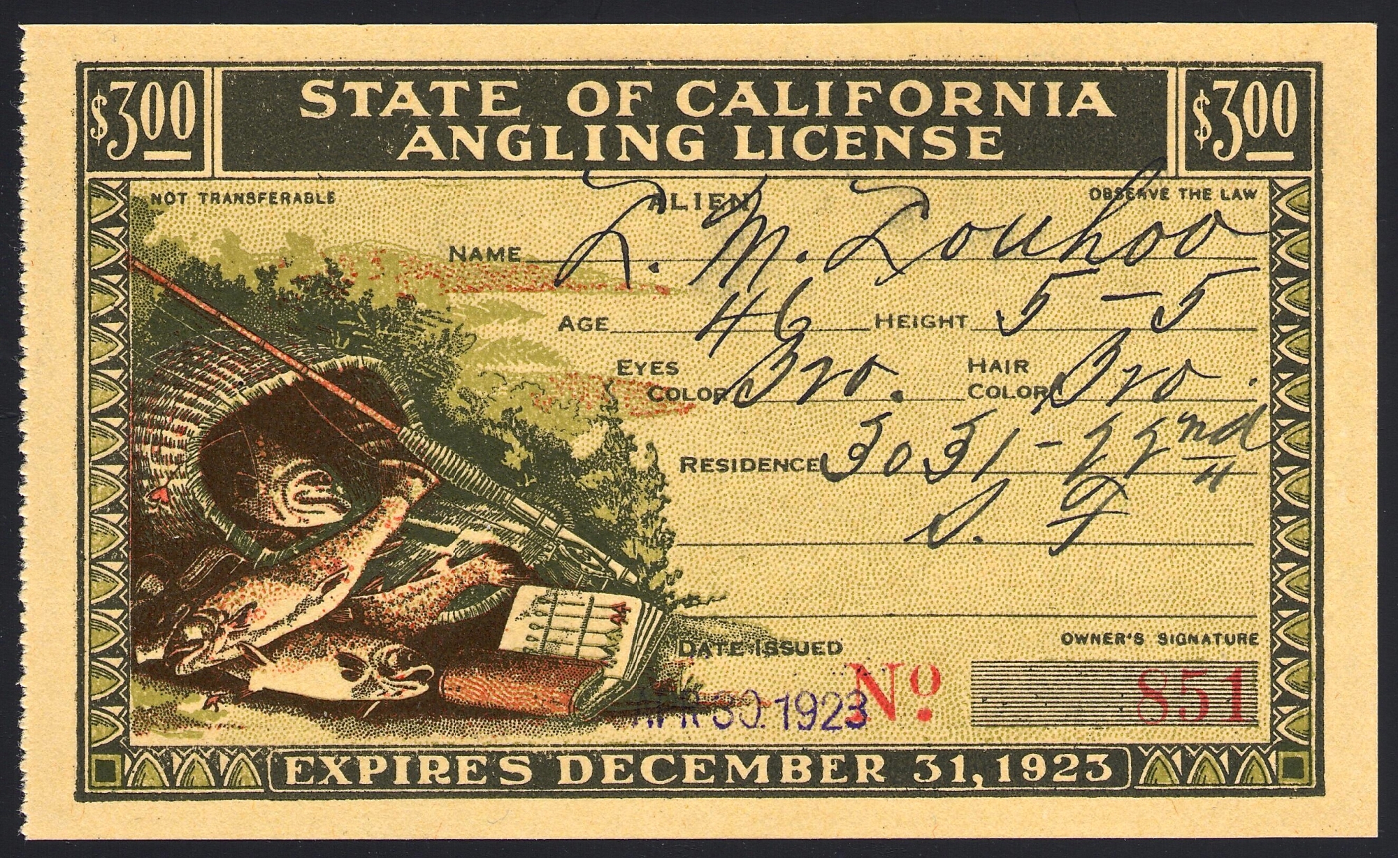 1923 Alien Fishing License California