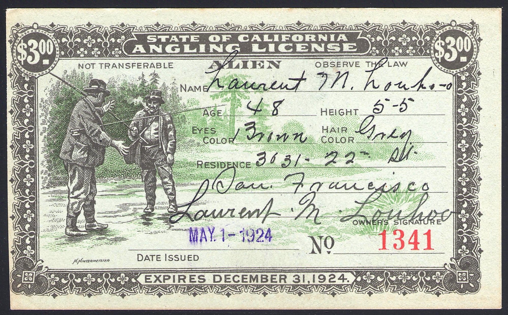 1924 Alien Fishing License California