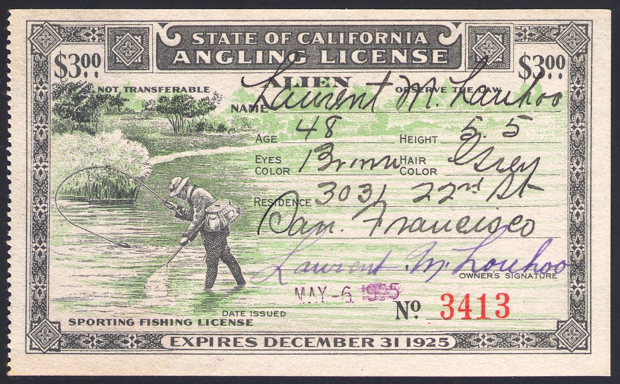 1925 Alien Fishing License California