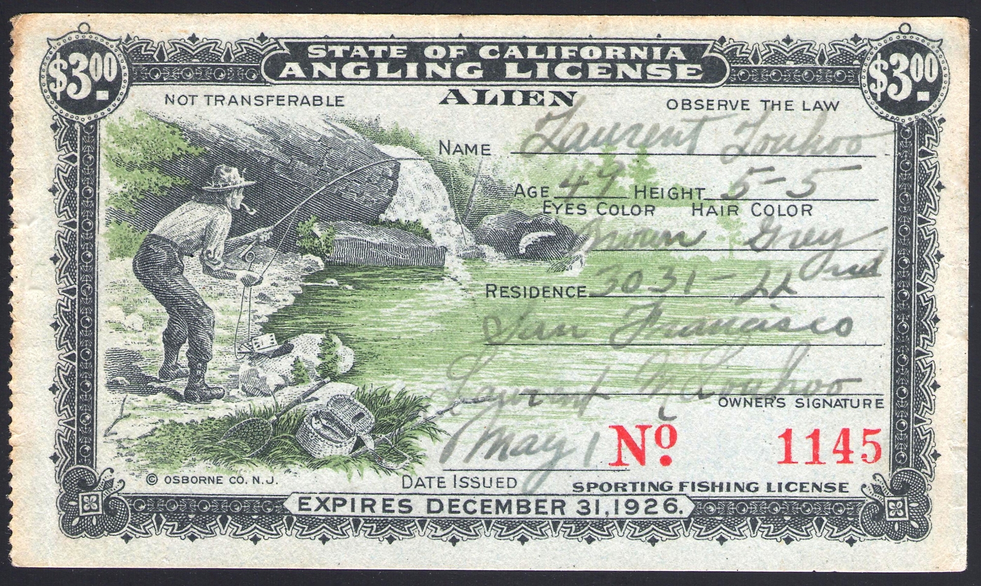 1926 Alien Fishing License California