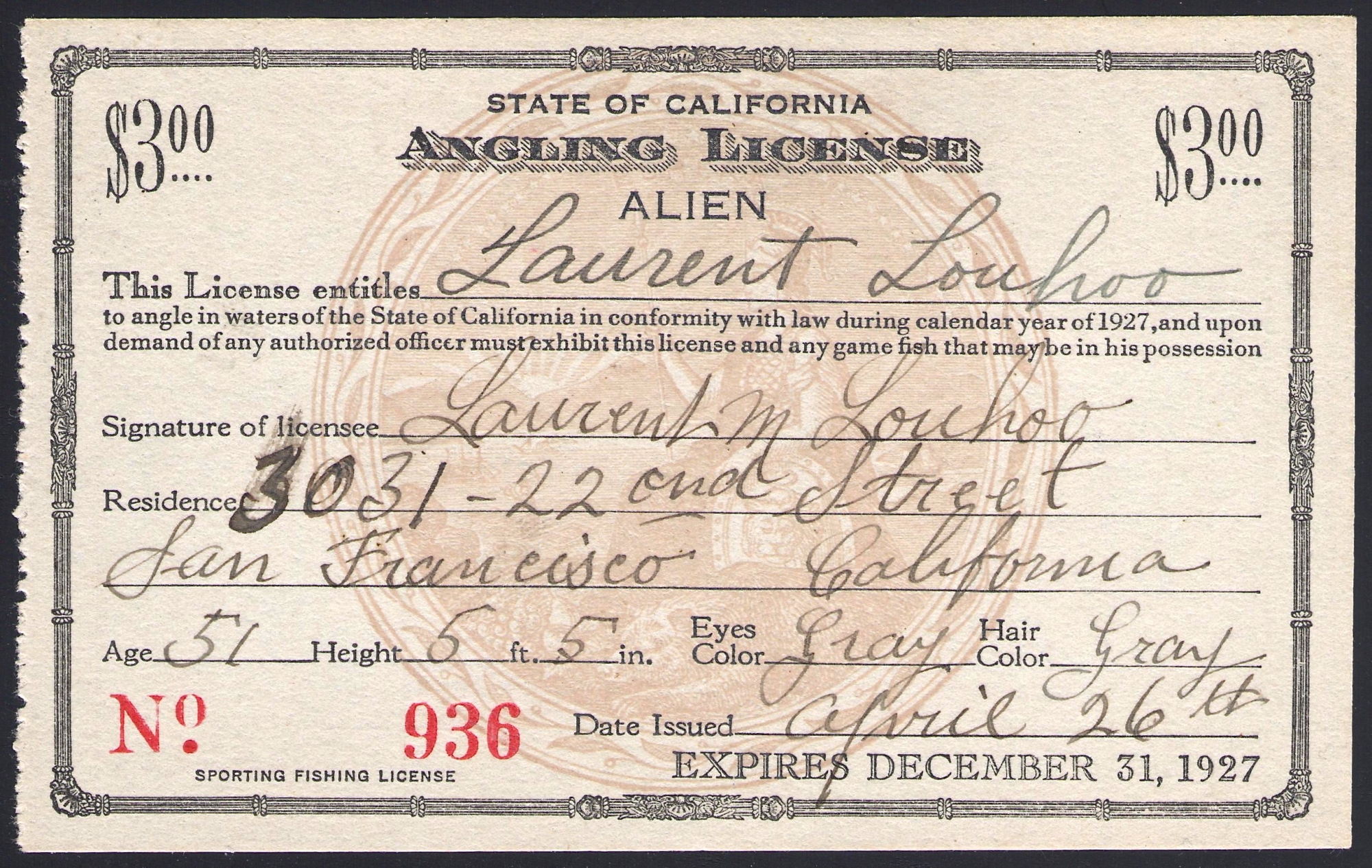 1927 Alien Fishing License California