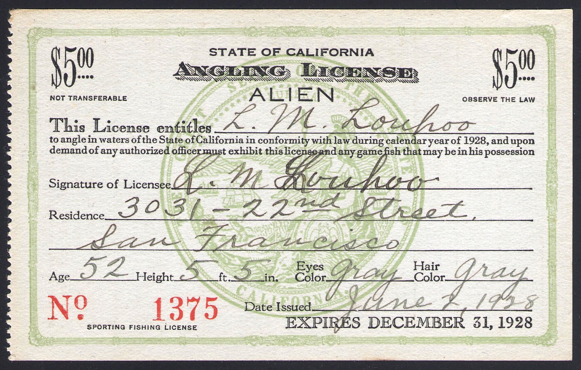 1928 Alien Fishing License California
