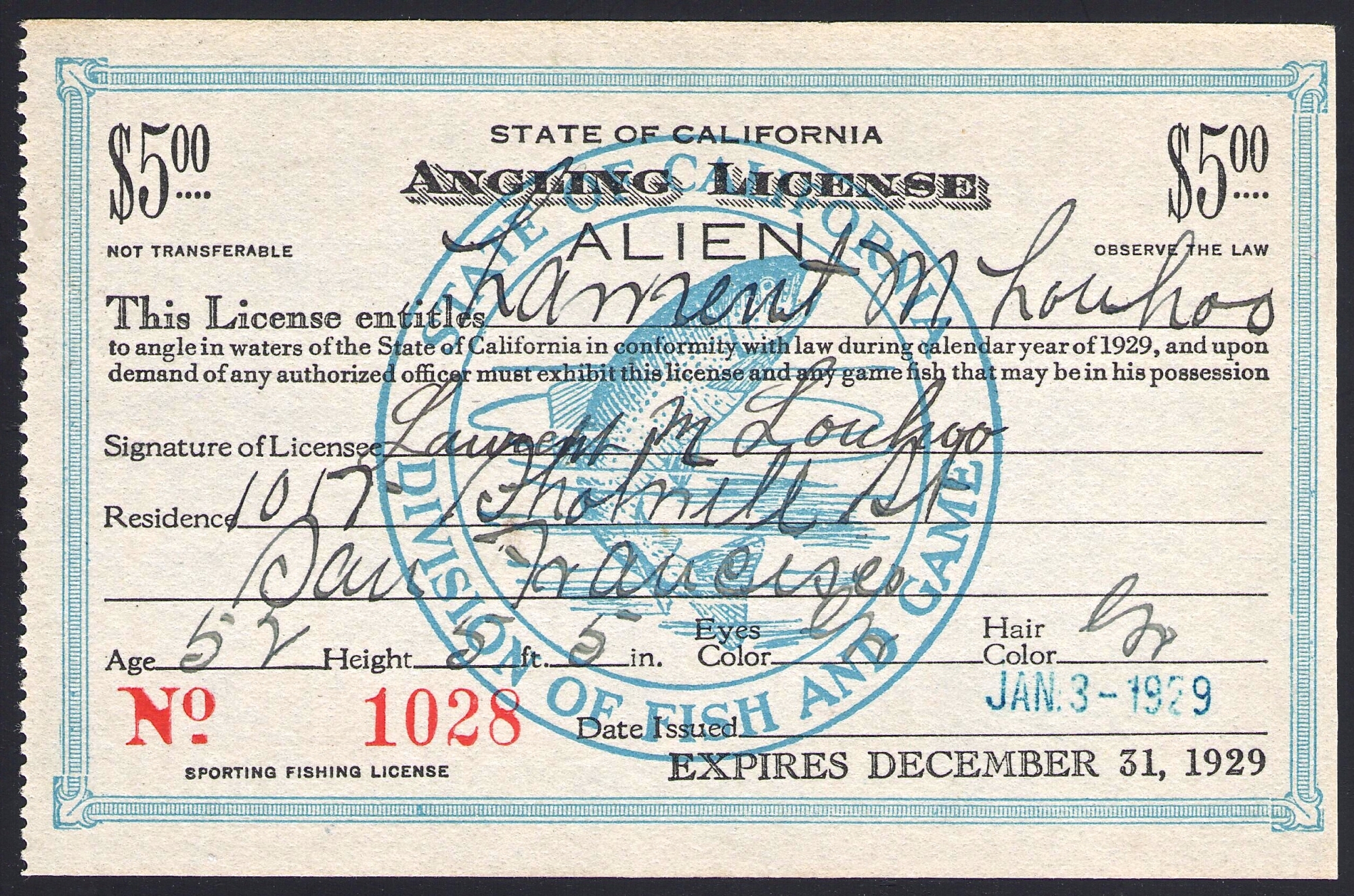 1929 Alien Fishing License California