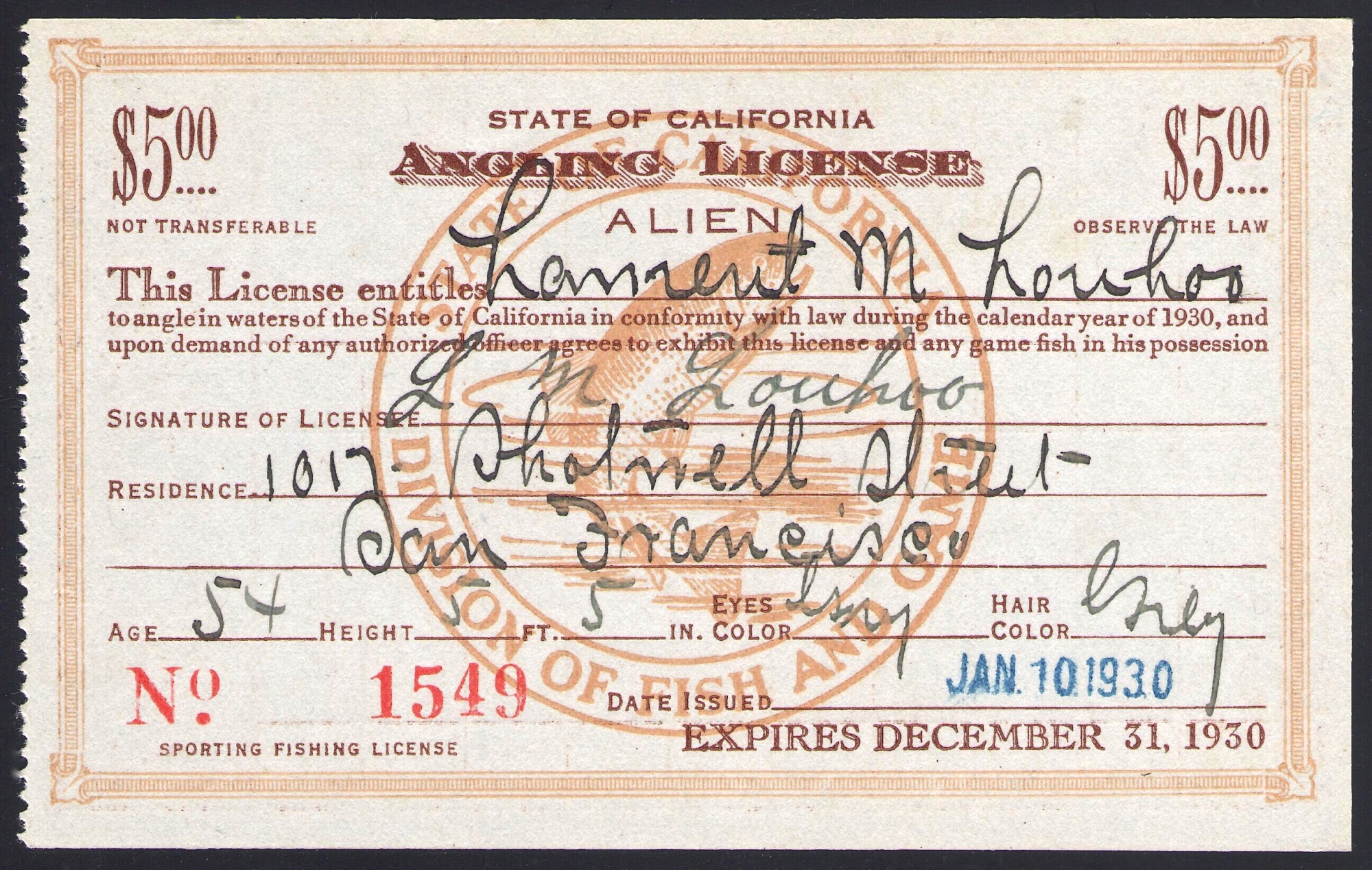 1930 Alien Fishing License California
